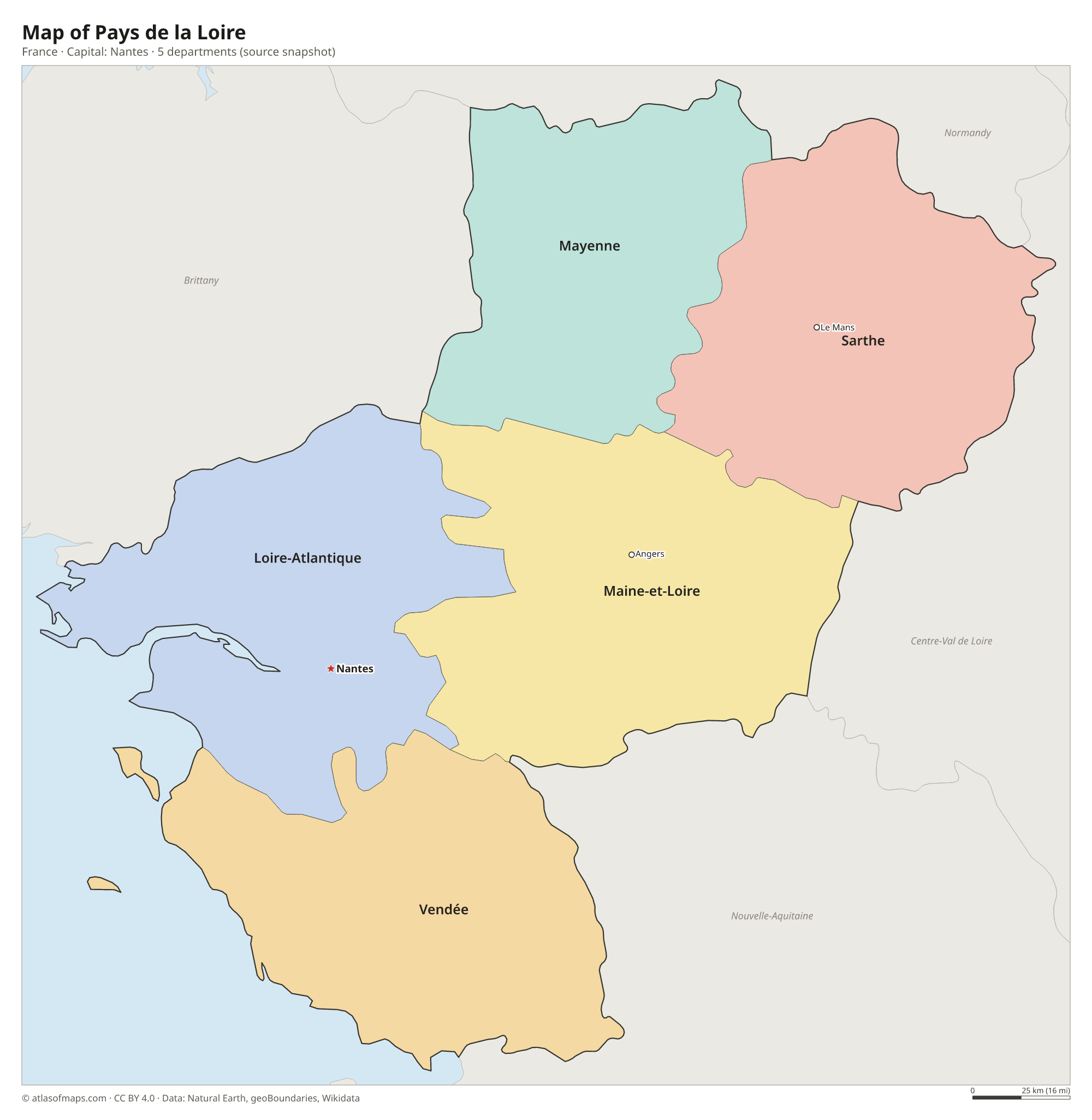 Map of Pays de la Loire with the capital Nantes, cities and departments