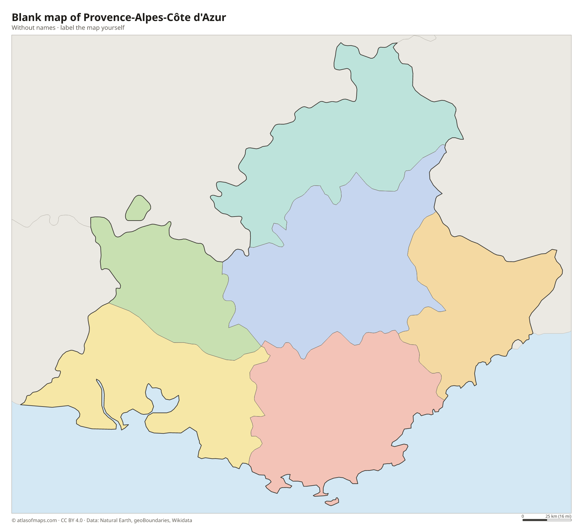 Blank map of Provence-Alpes-Côte d'Azur without names