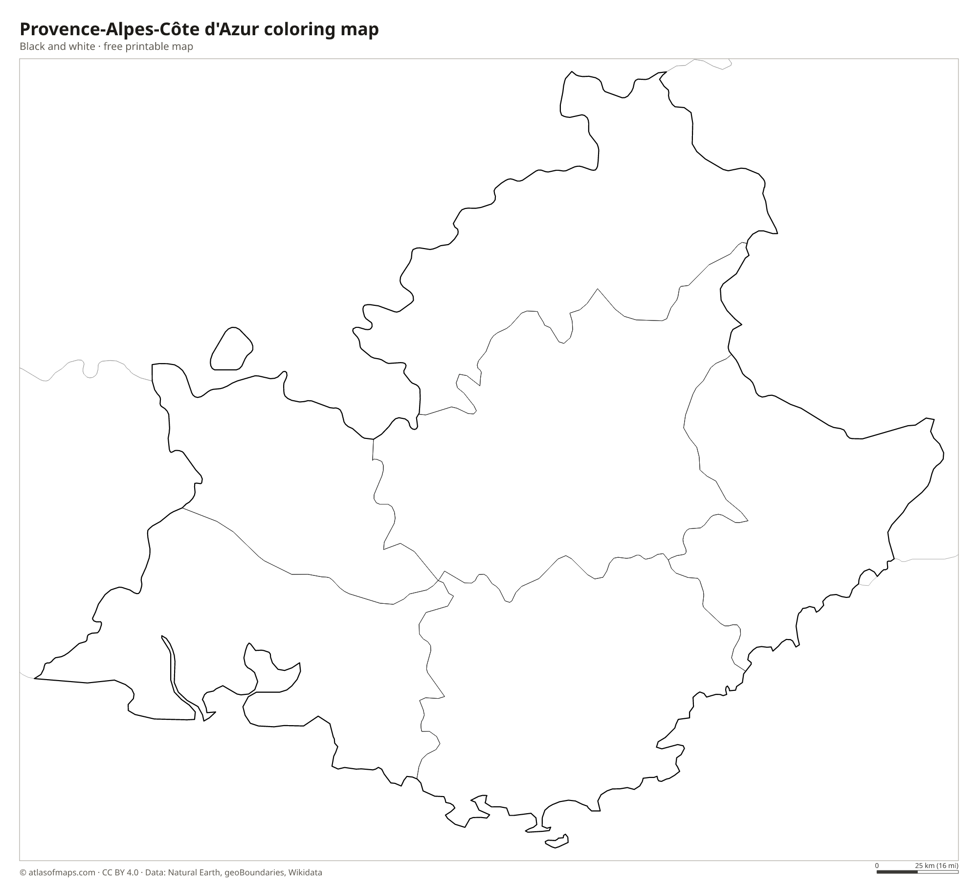 Black-and-white coloring map of Provence-Alpes-Côte d'Azur