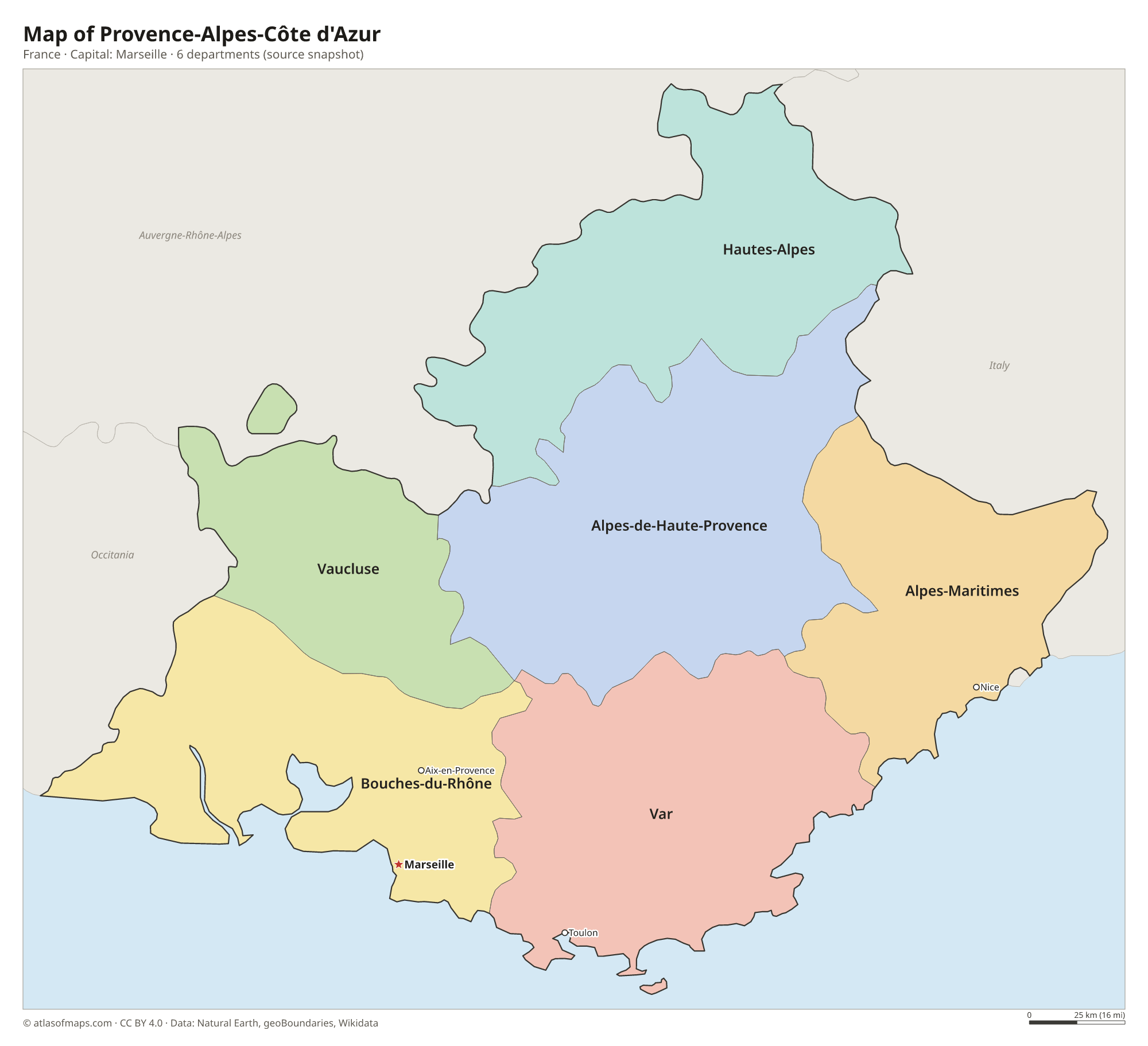 Map of Provence-Alpes-Côte d'Azur with the capital Marseille, cities and departments