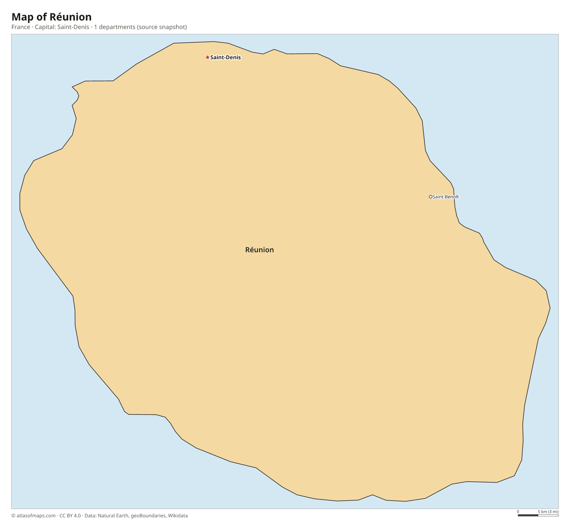 Map of Réunion with the capital Saint-Denis, cities and departments