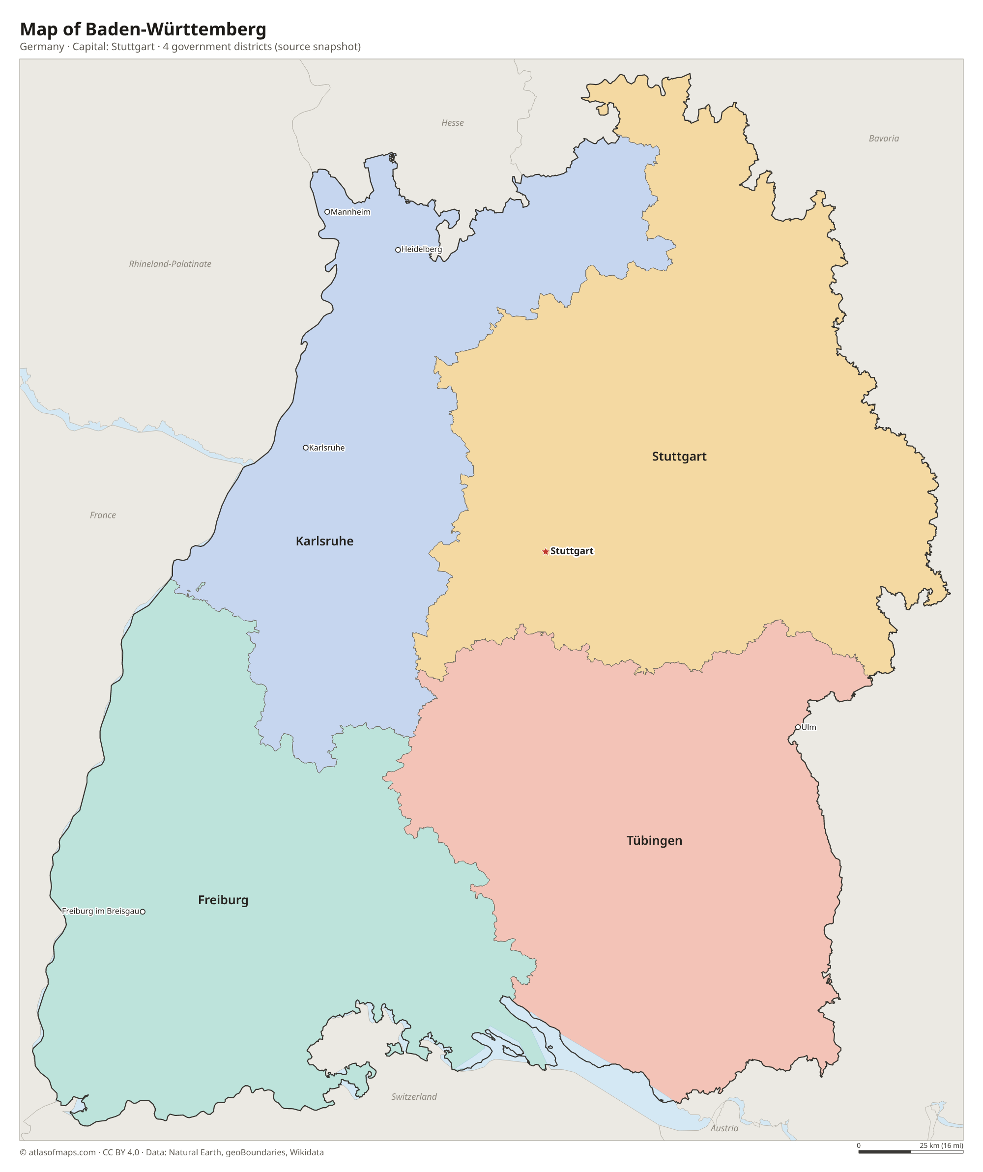 Map of Baden-Württemberg with the capital Stuttgart, cities and government districts