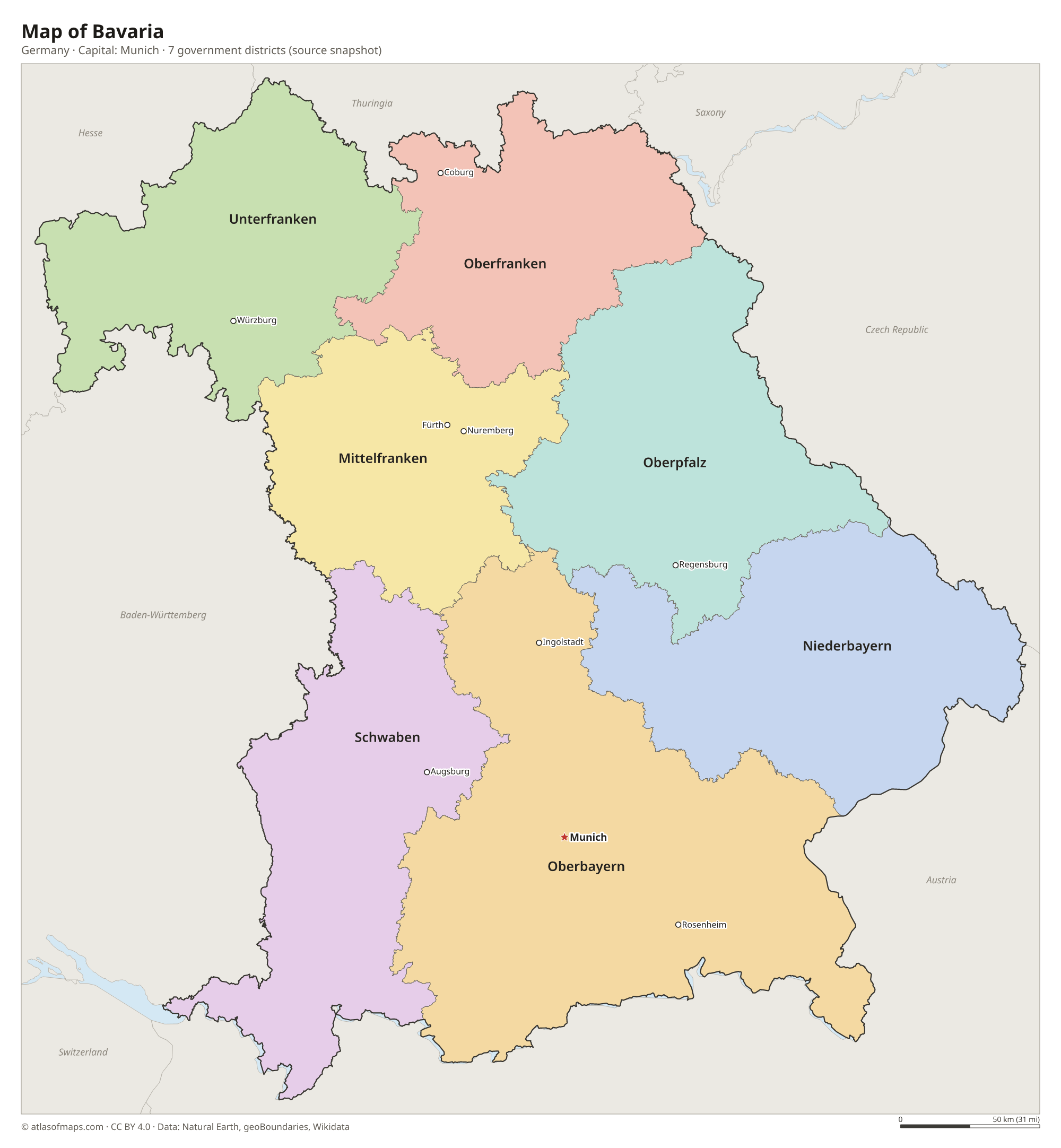 Map of Bavaria with the capital Munich, cities and government districts