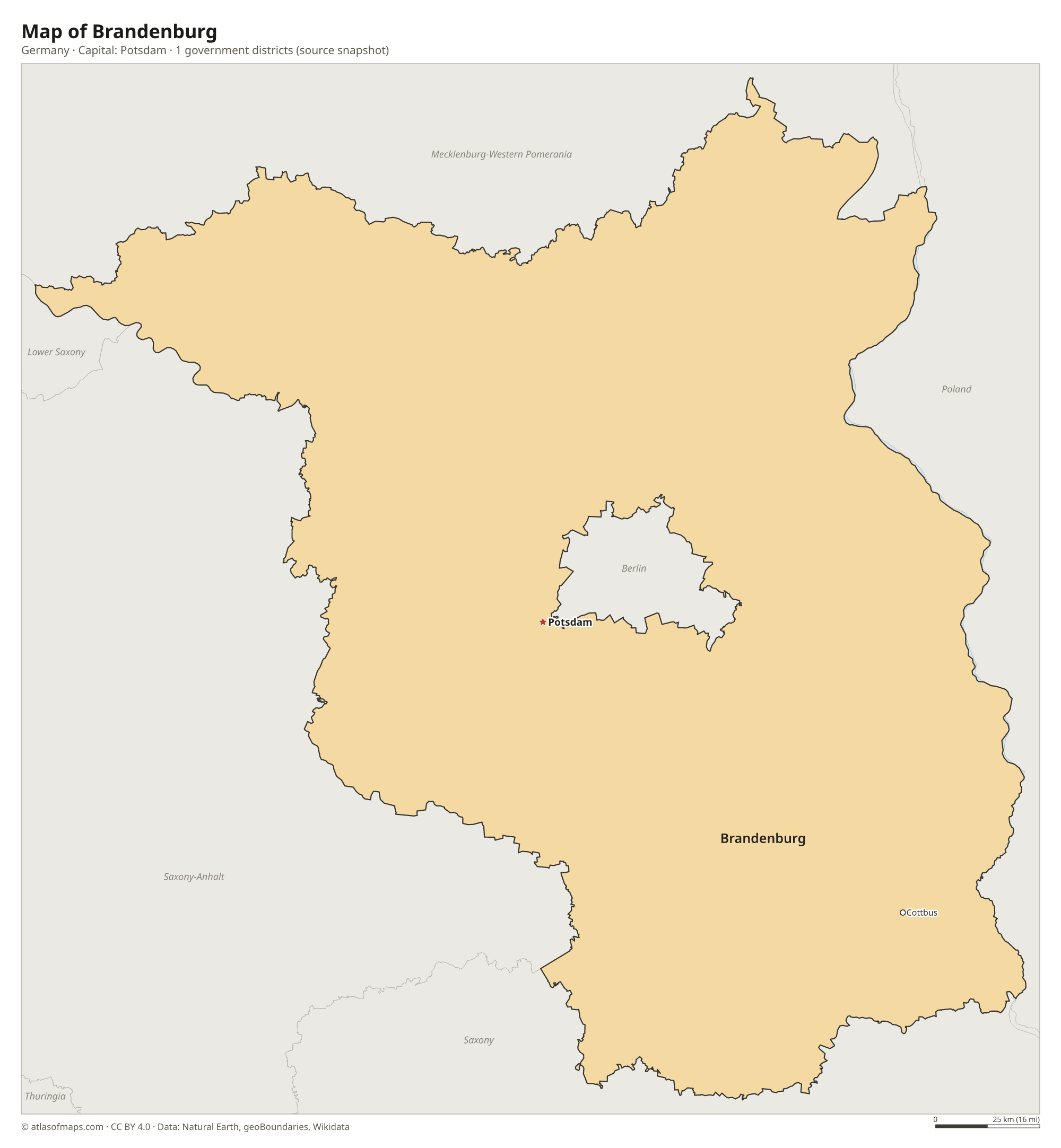 Map of Brandenburg with the capital Potsdam, cities and government districts