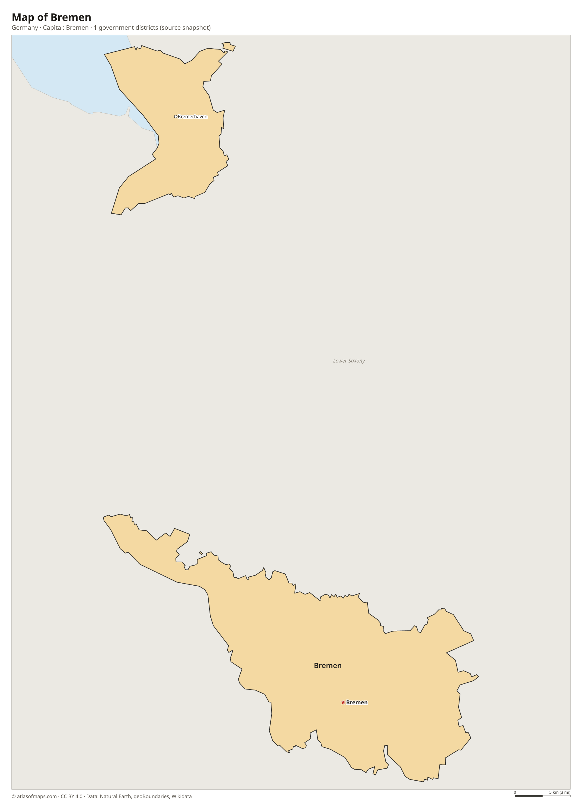 Map of Bremen with the capital Bremen, cities and government districts