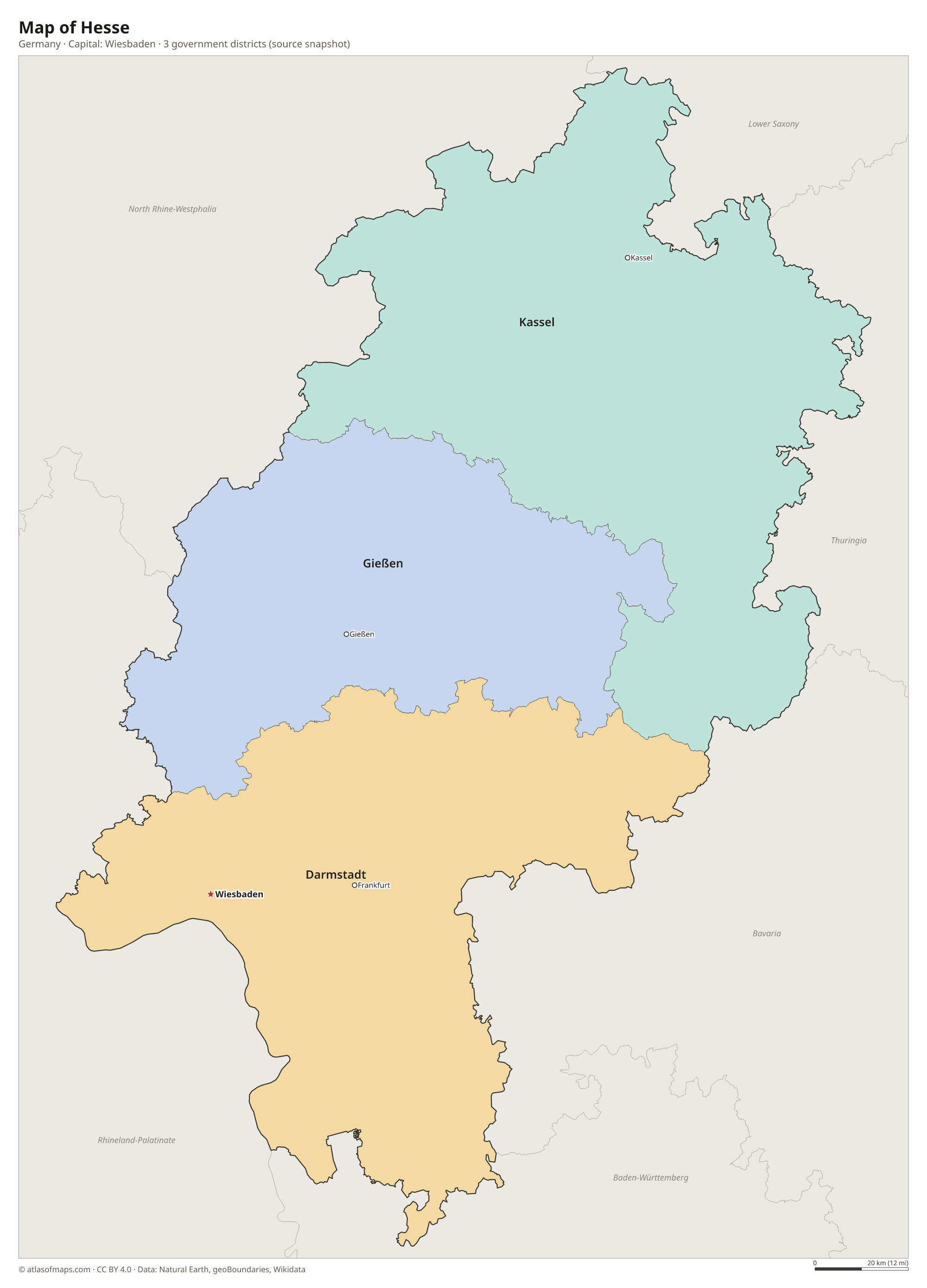 Map of Hesse with the capital Wiesbaden, cities and government districts