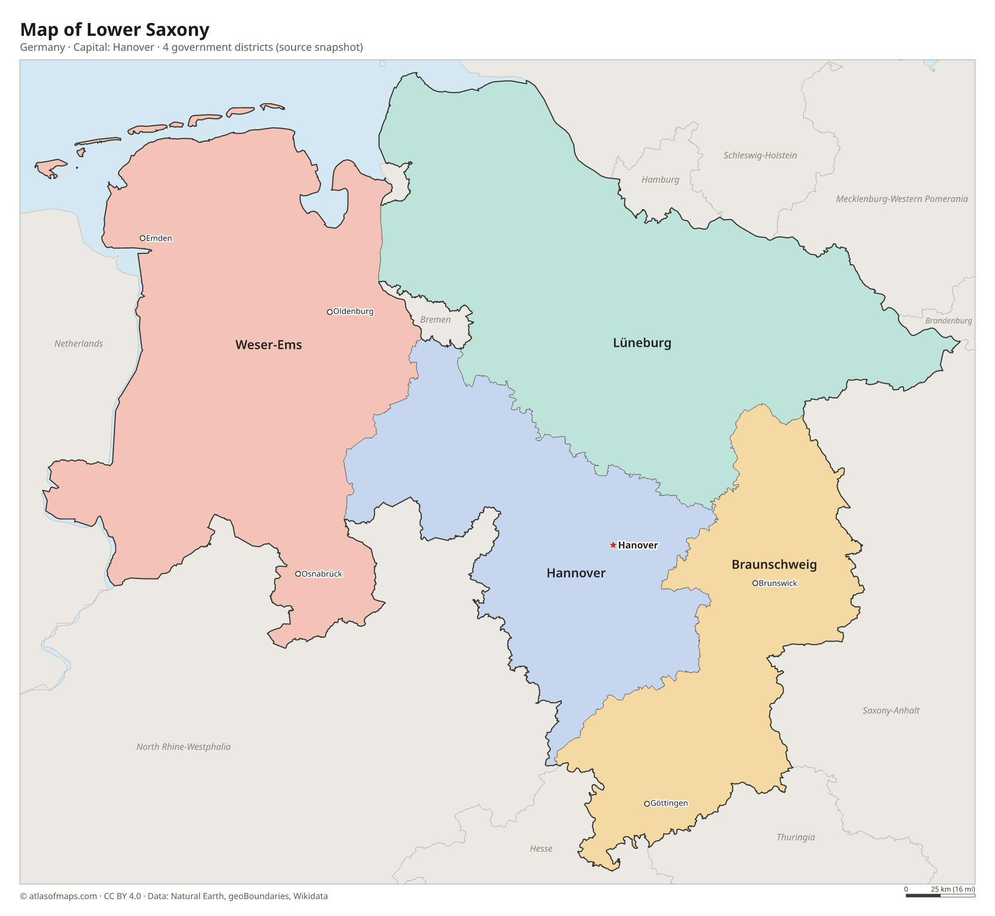 Map of Lower Saxony with the capital Hanover, cities and government districts