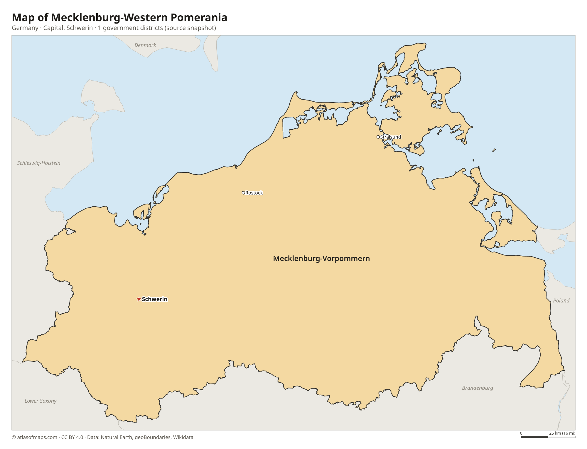 Map of Mecklenburg-Western Pomerania with the capital Schwerin, cities and government districts
