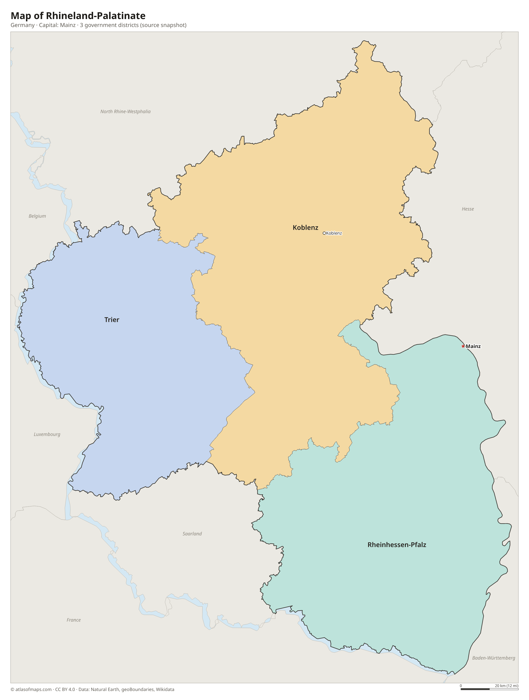 Map of Rhineland-Palatinate with the capital Mainz, cities and government districts