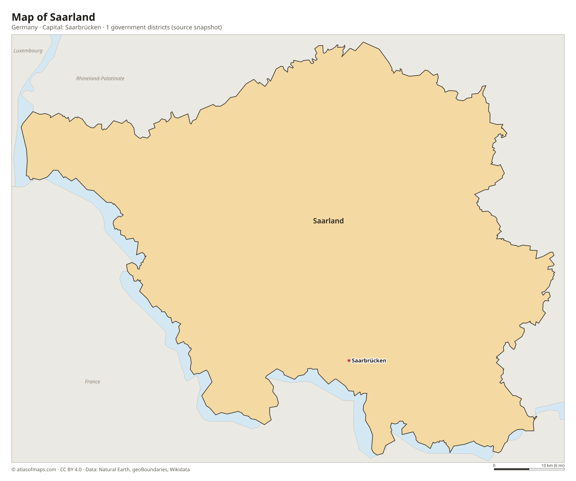 Map of Saarland with the capital Saarbrücken, cities and government districts