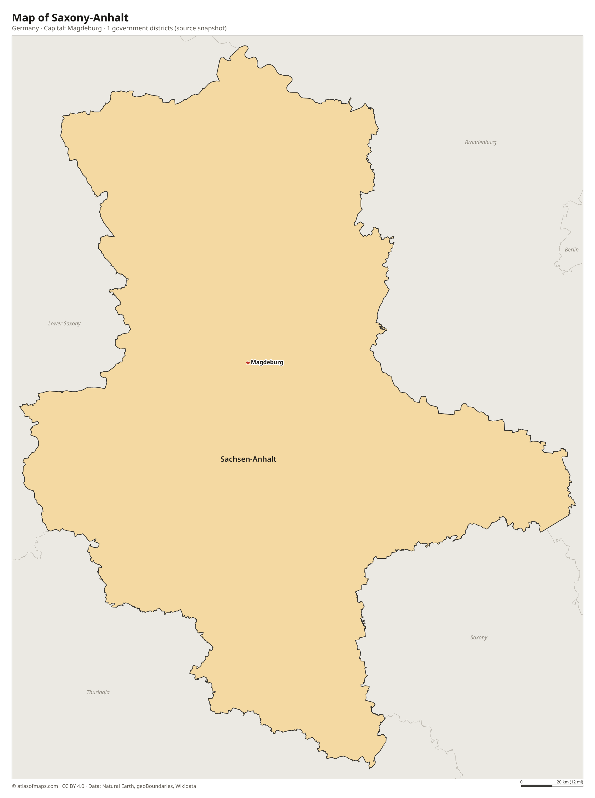 Map of Saxony-Anhalt with the capital Magdeburg, cities and government districts