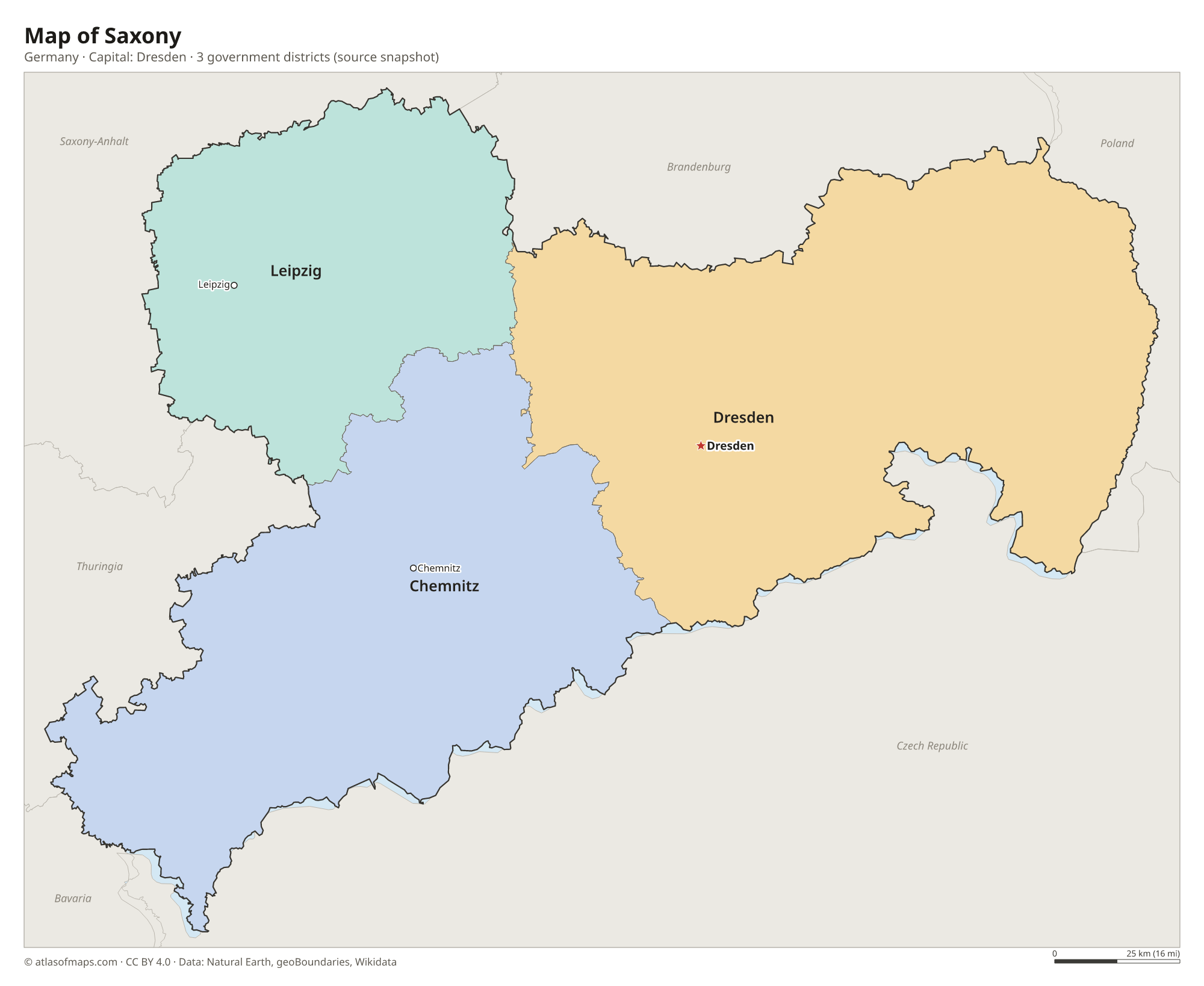 Map of Saxony with the capital Dresden, cities and government districts