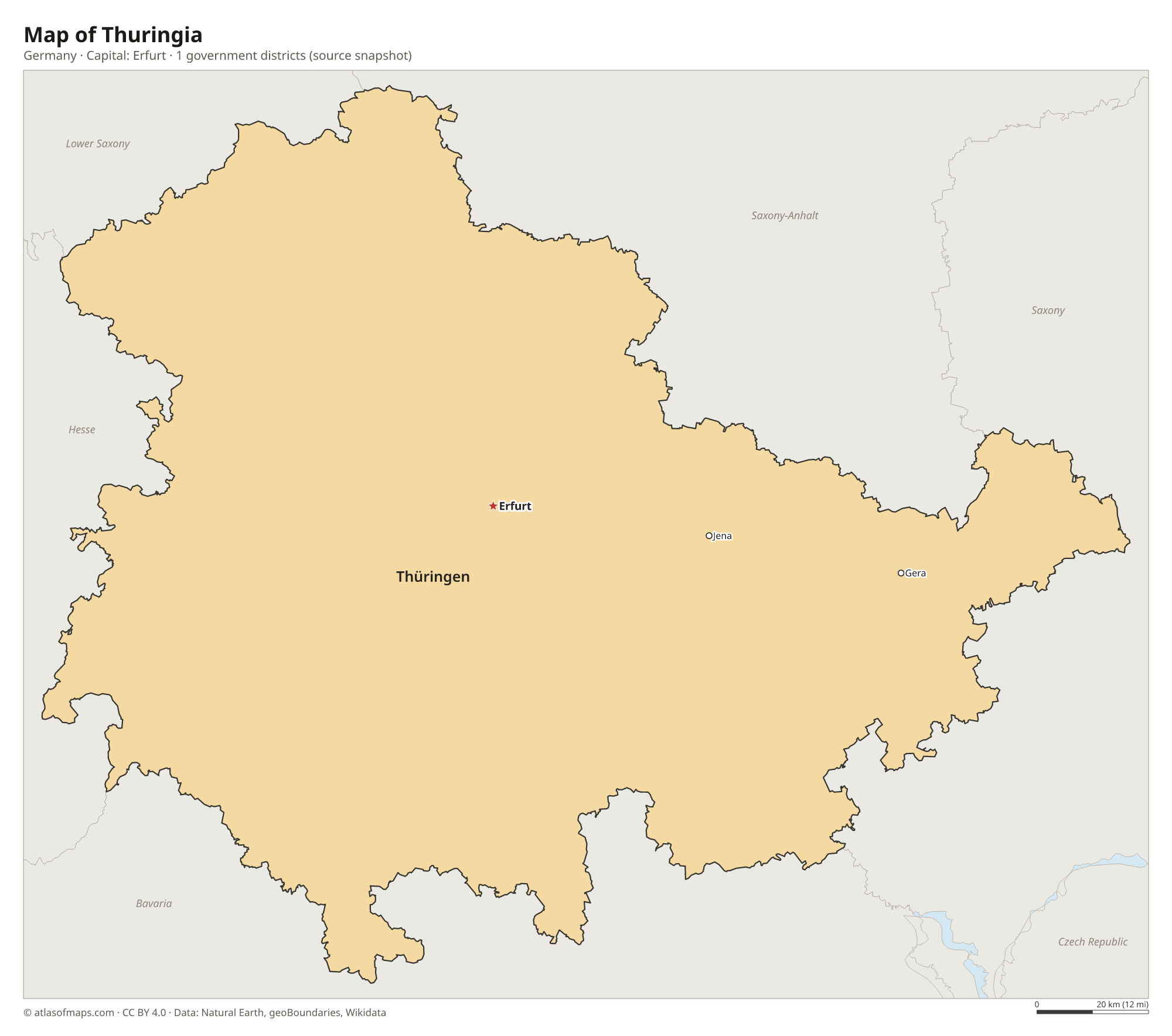 Map of Thuringia with the capital Erfurt, cities and government districts