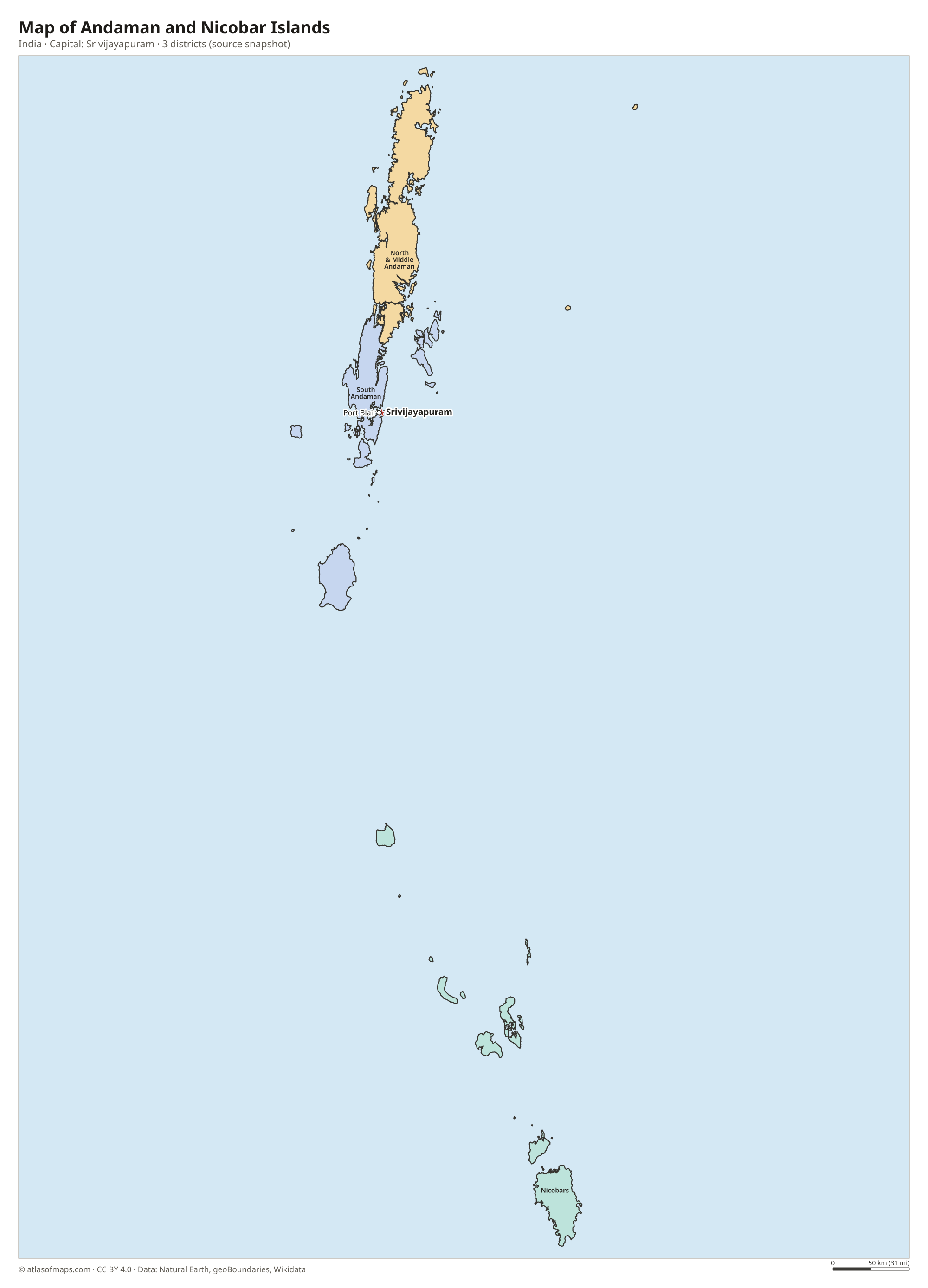 Map of Andaman and Nicobar Islands with the capital Srivijayapuram, cities and districts