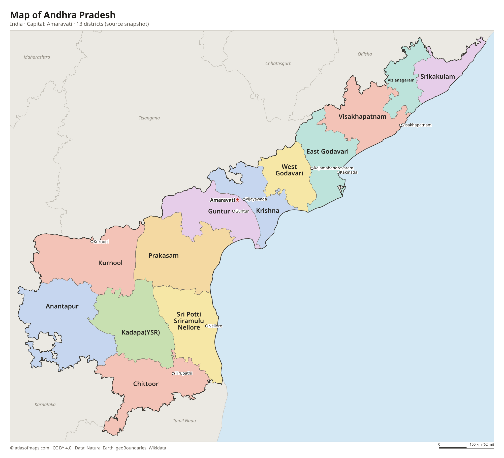 Map of Andhra Pradesh with the capital Amaravati, cities and districts