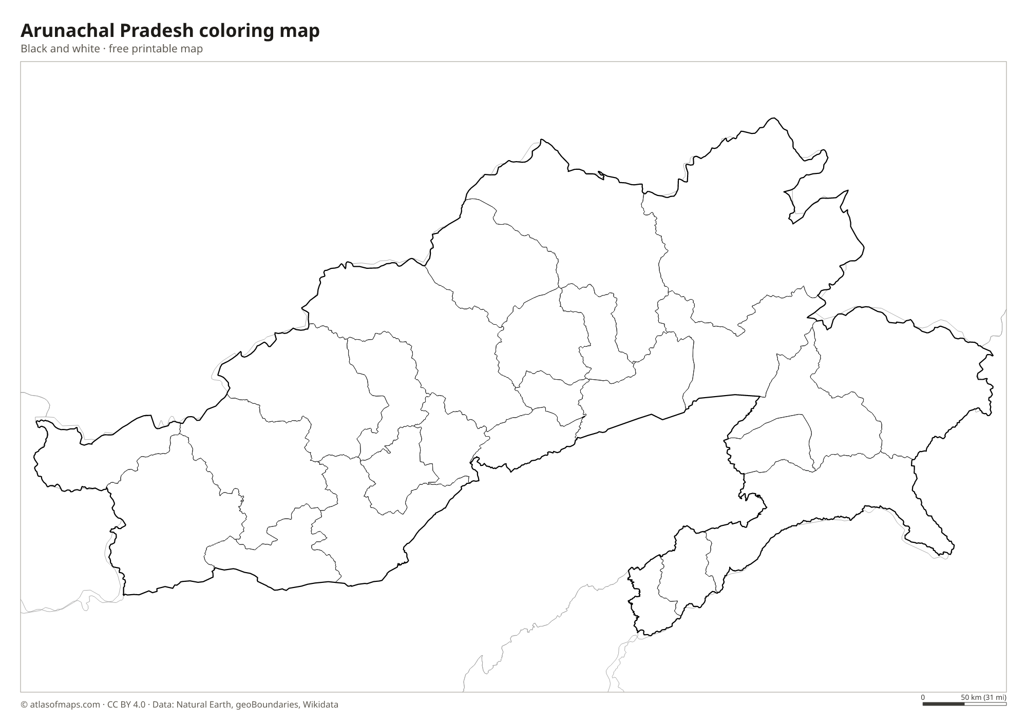 Black-and-white coloring map of Arunachal Pradesh