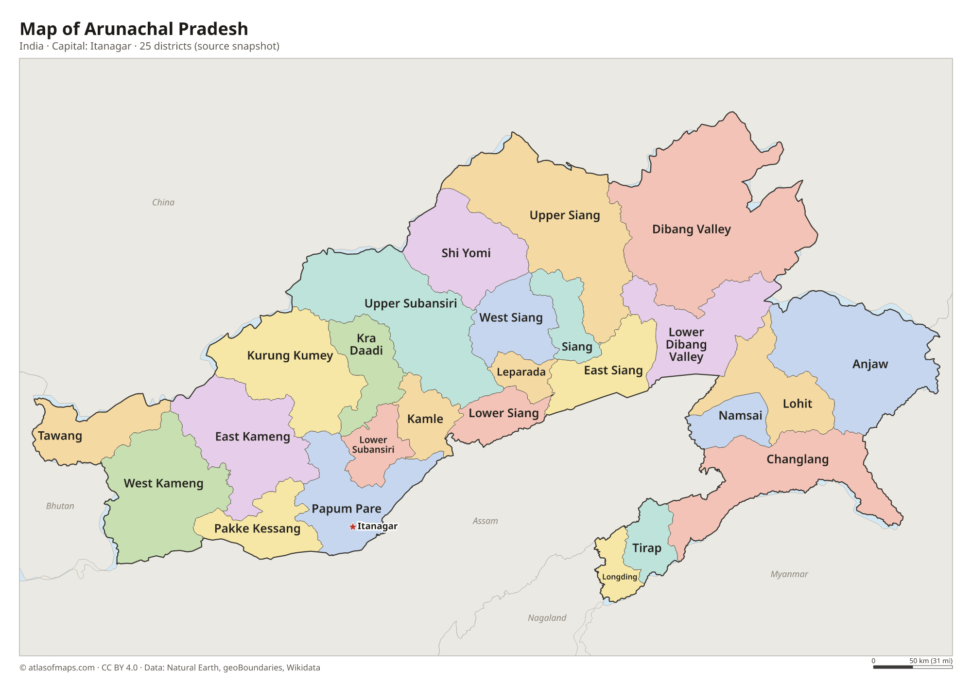 Map of Arunachal Pradesh with the capital Itanagar, cities and districts