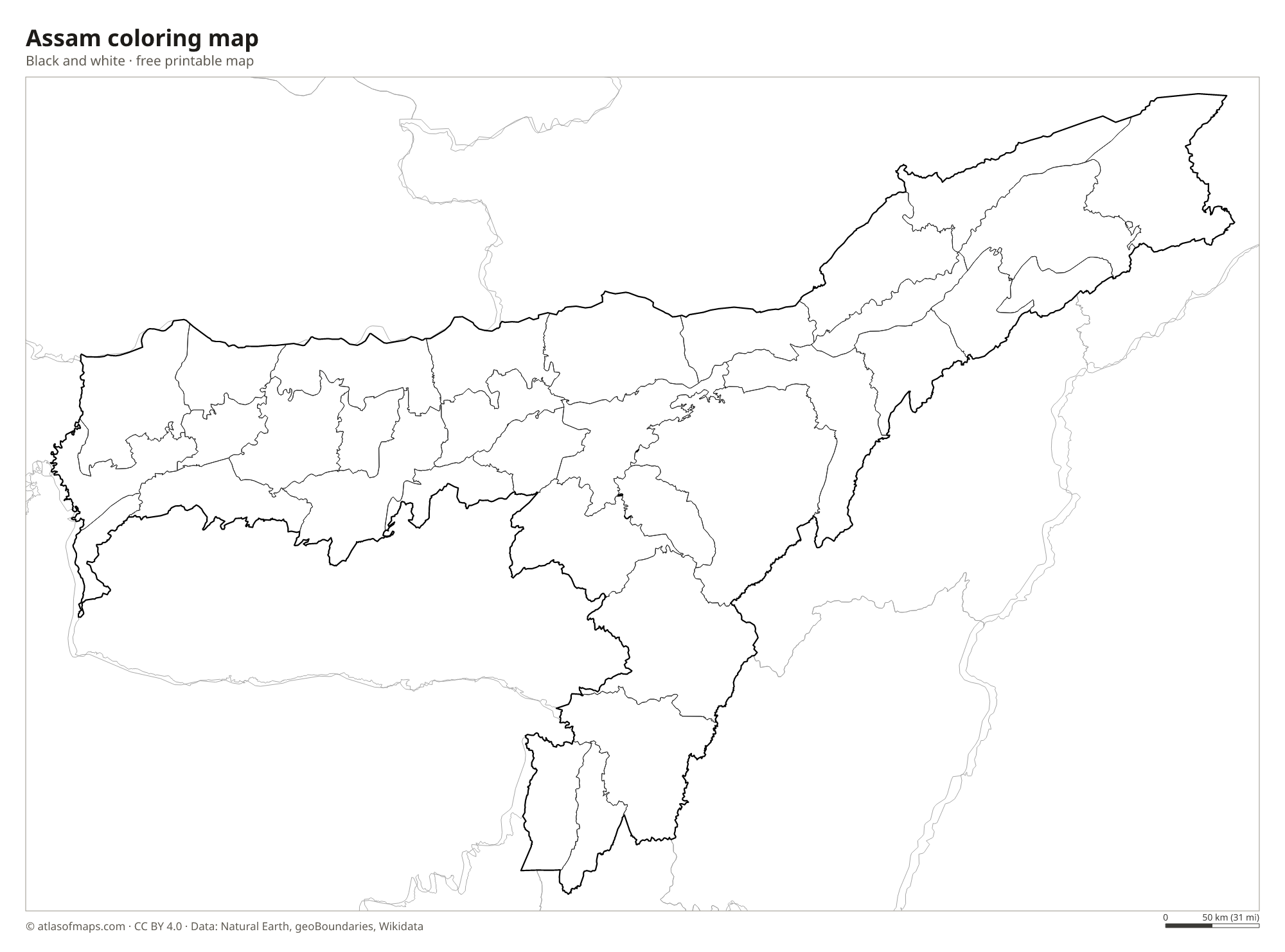 Black-and-white coloring map of Assam