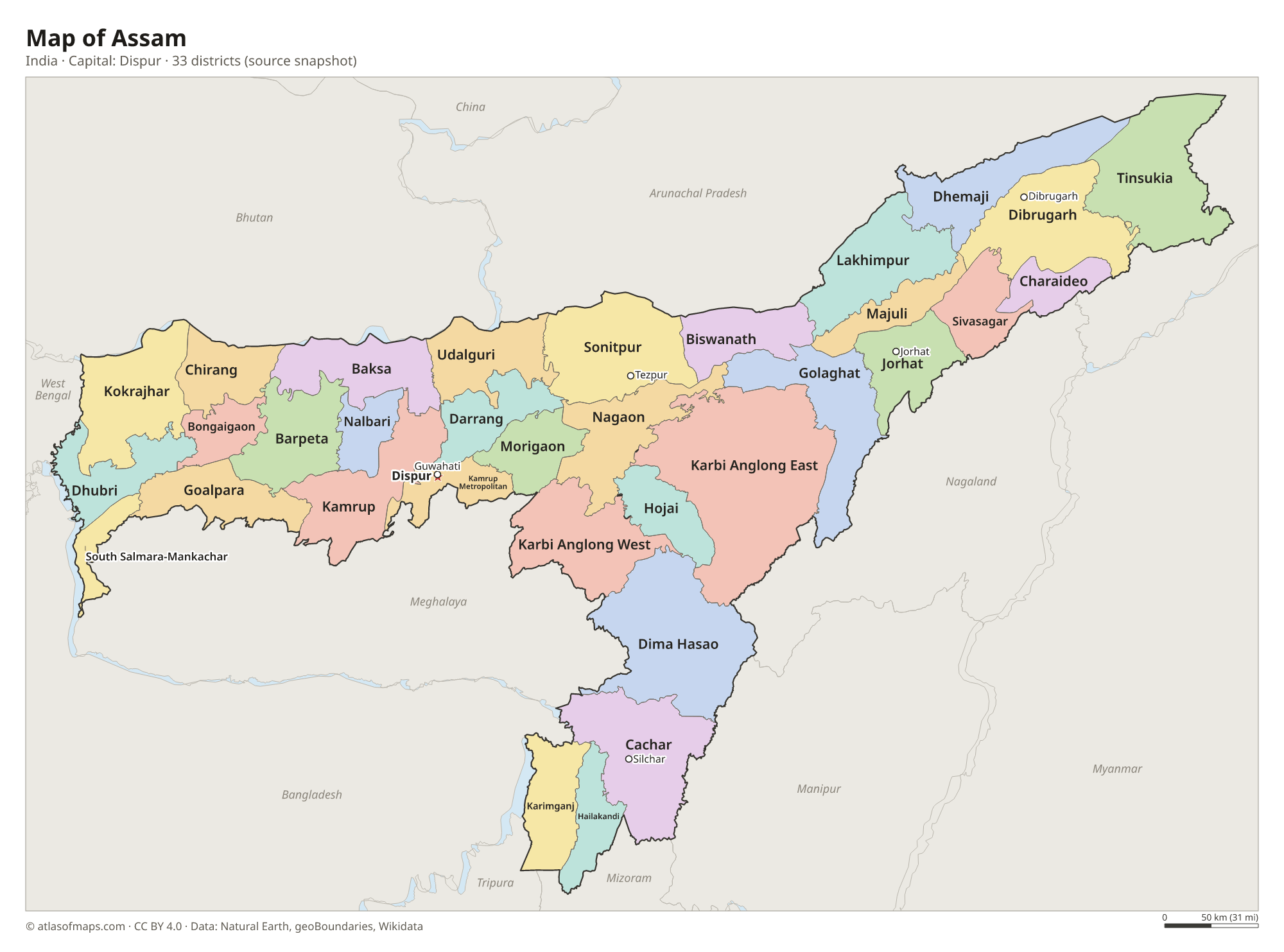 Map of Assam with the capital Dispur, cities and districts