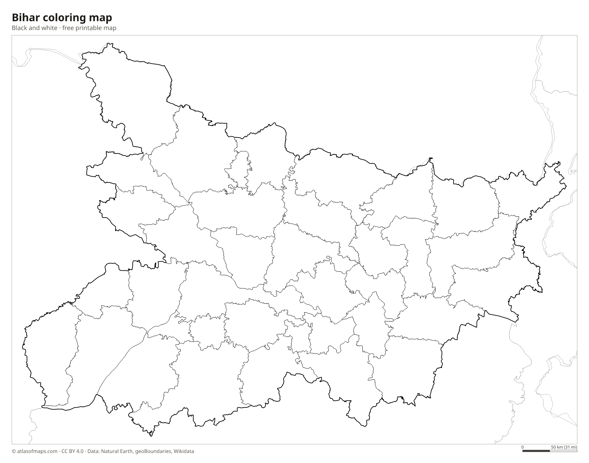 Black-and-white coloring map of Bihar