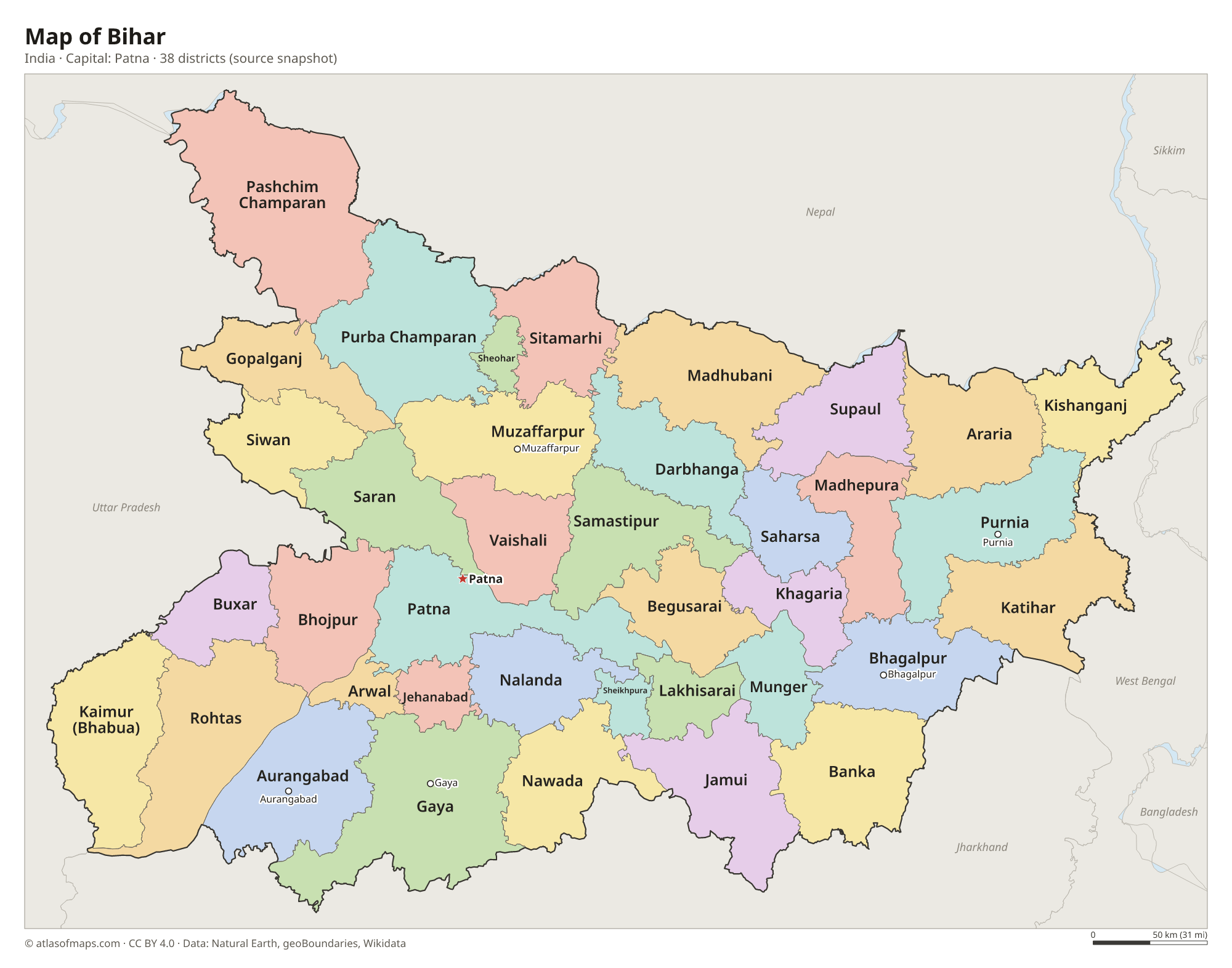 Map of Bihar with the capital Patna, cities and districts