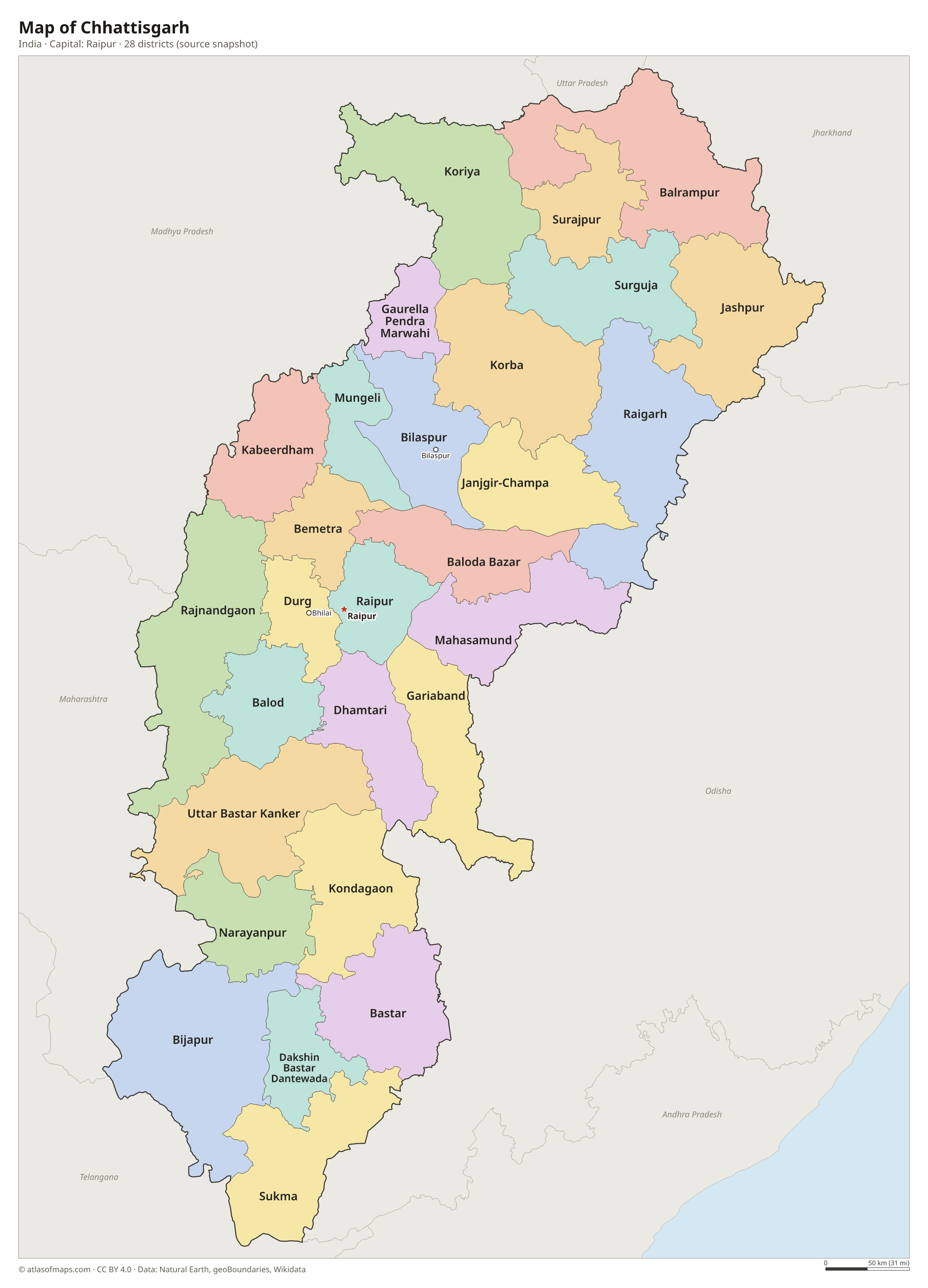 Map of Chhattisgarh with the capital Raipur, cities and districts