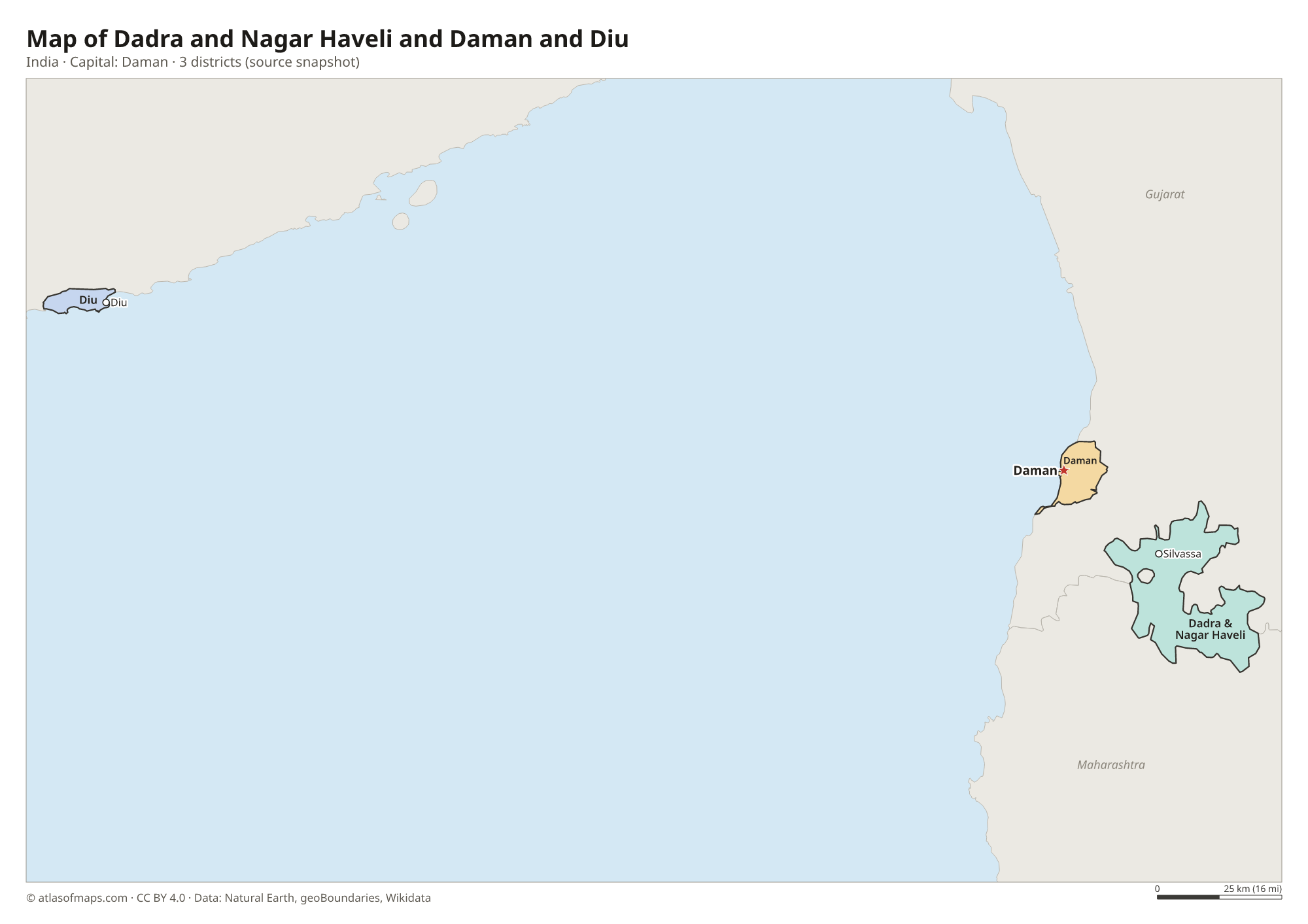 Map of Dadra and Nagar Haveli and Daman and Diu with the capital Daman, cities and districts