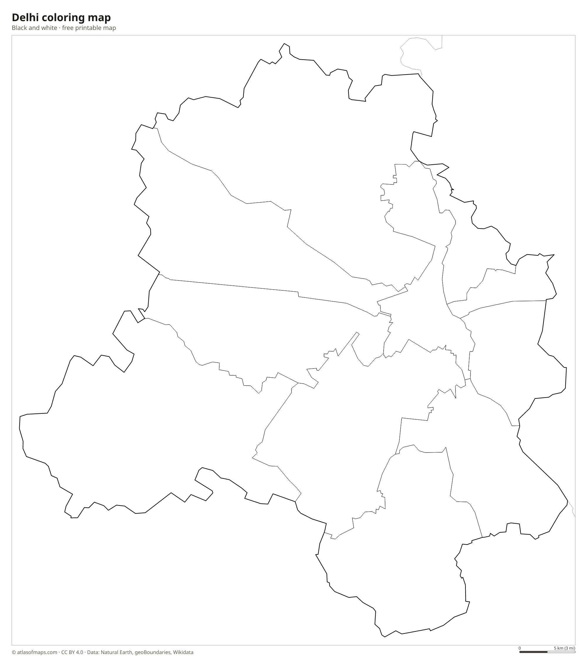 Black-and-white coloring map of Delhi