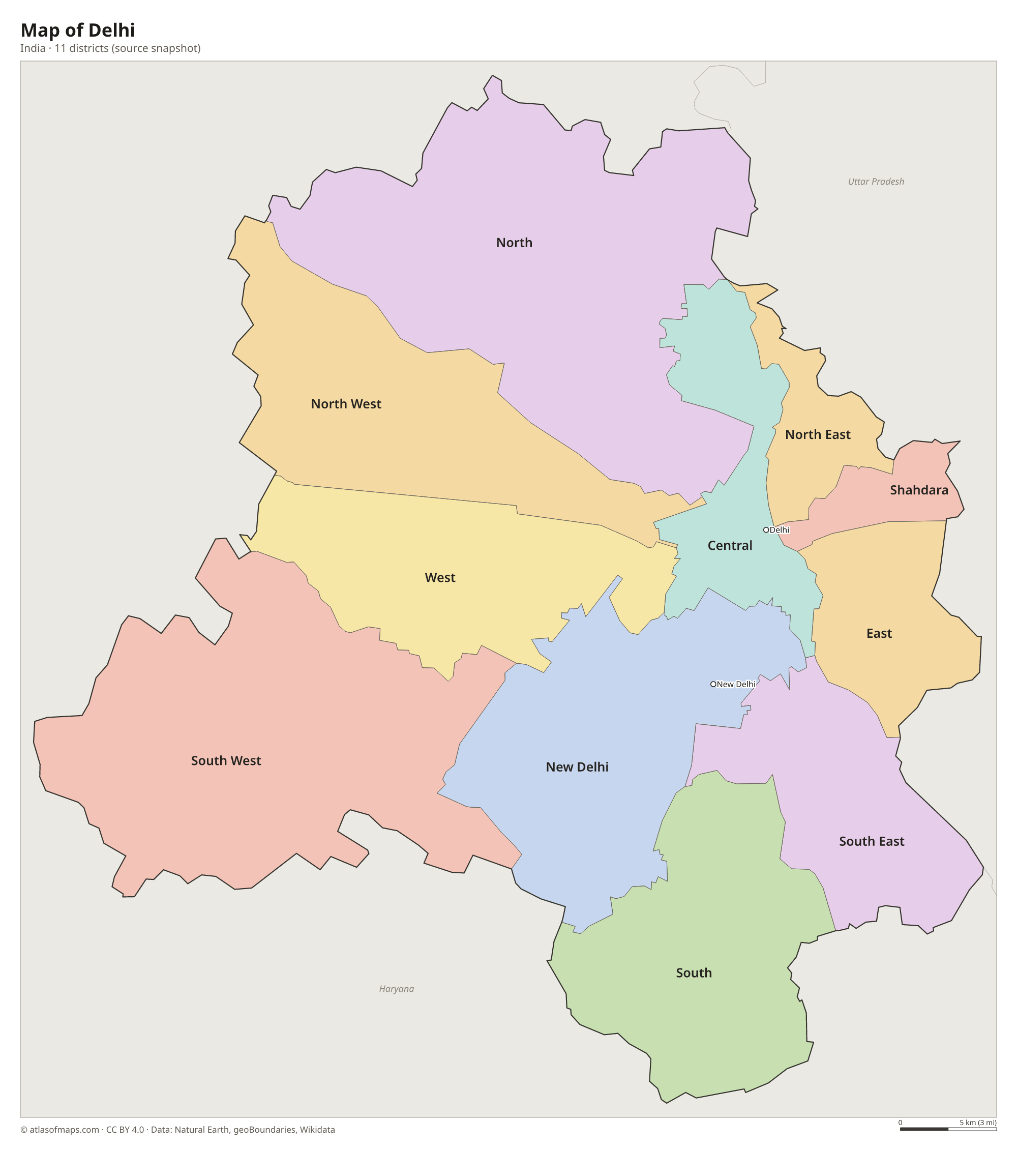 Map of Delhi, cities and districts