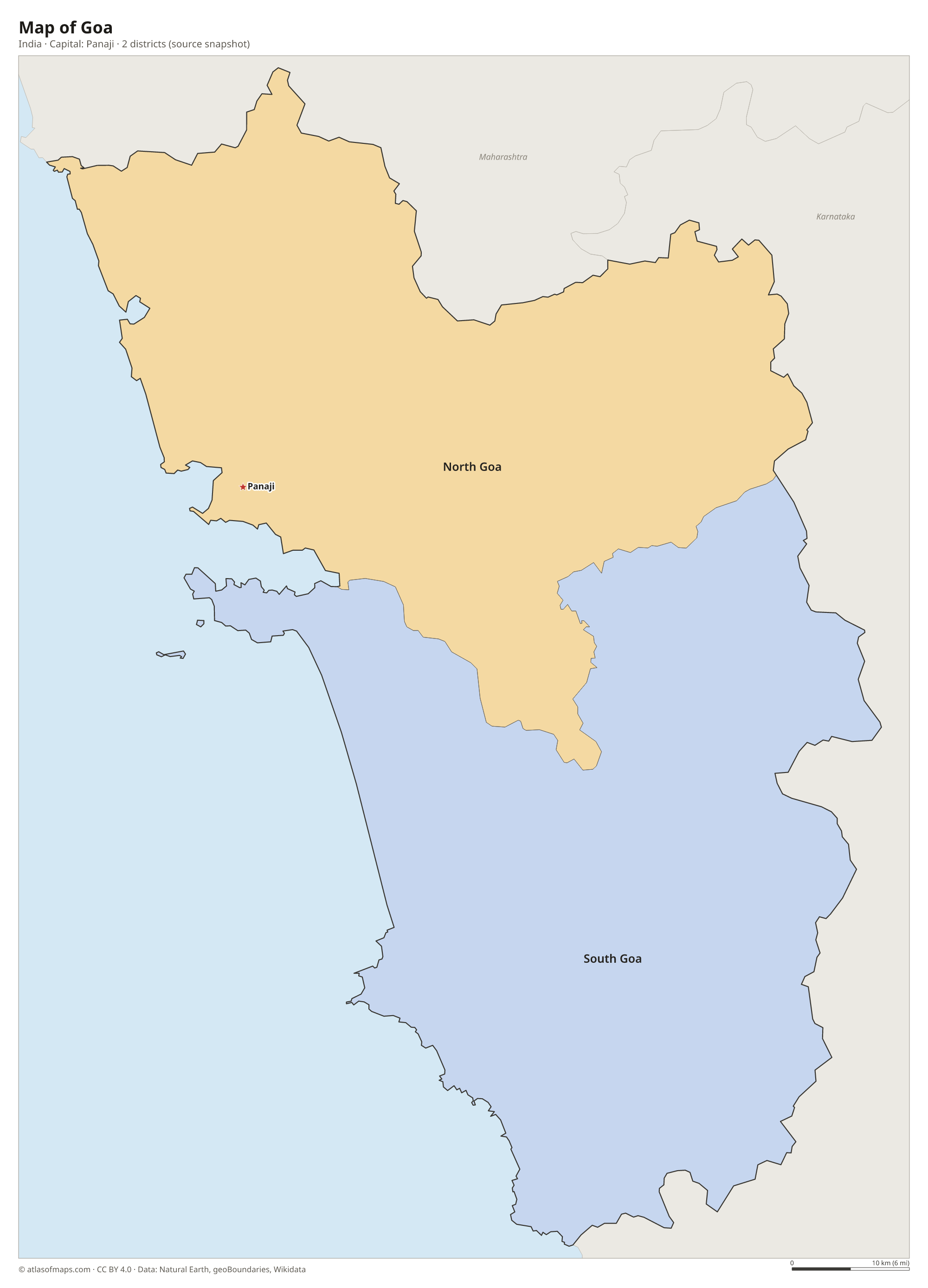 Map of Goa with the capital Panaji, cities and districts