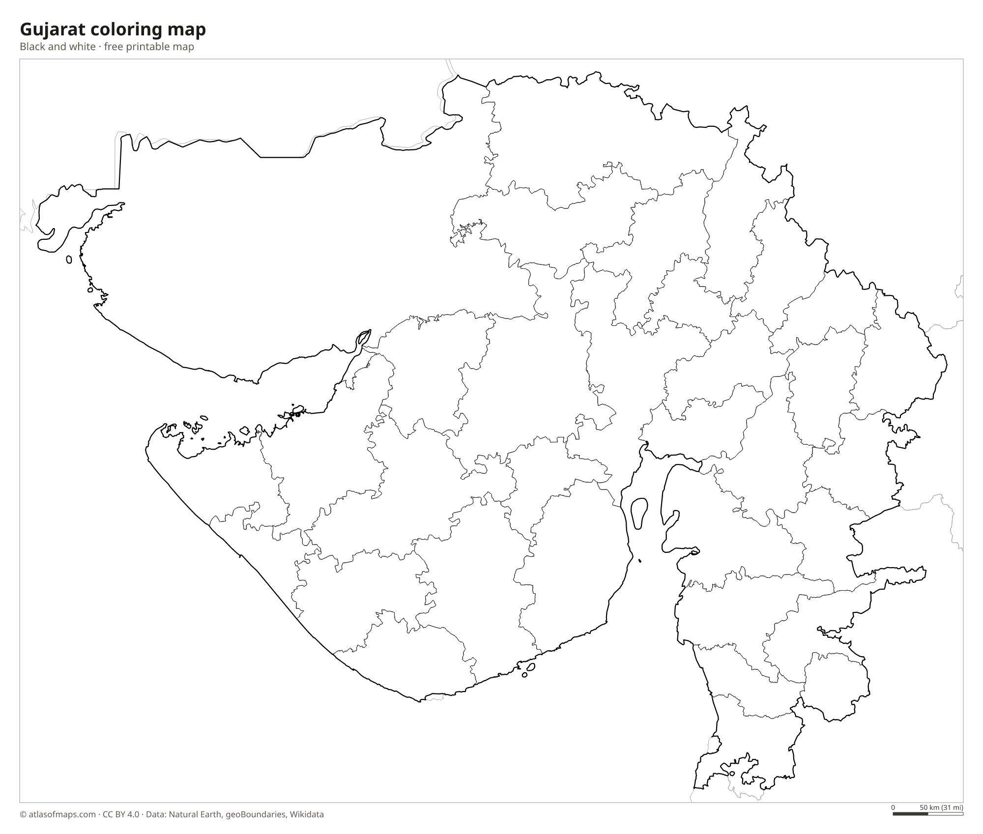 Black-and-white coloring map of Gujarat