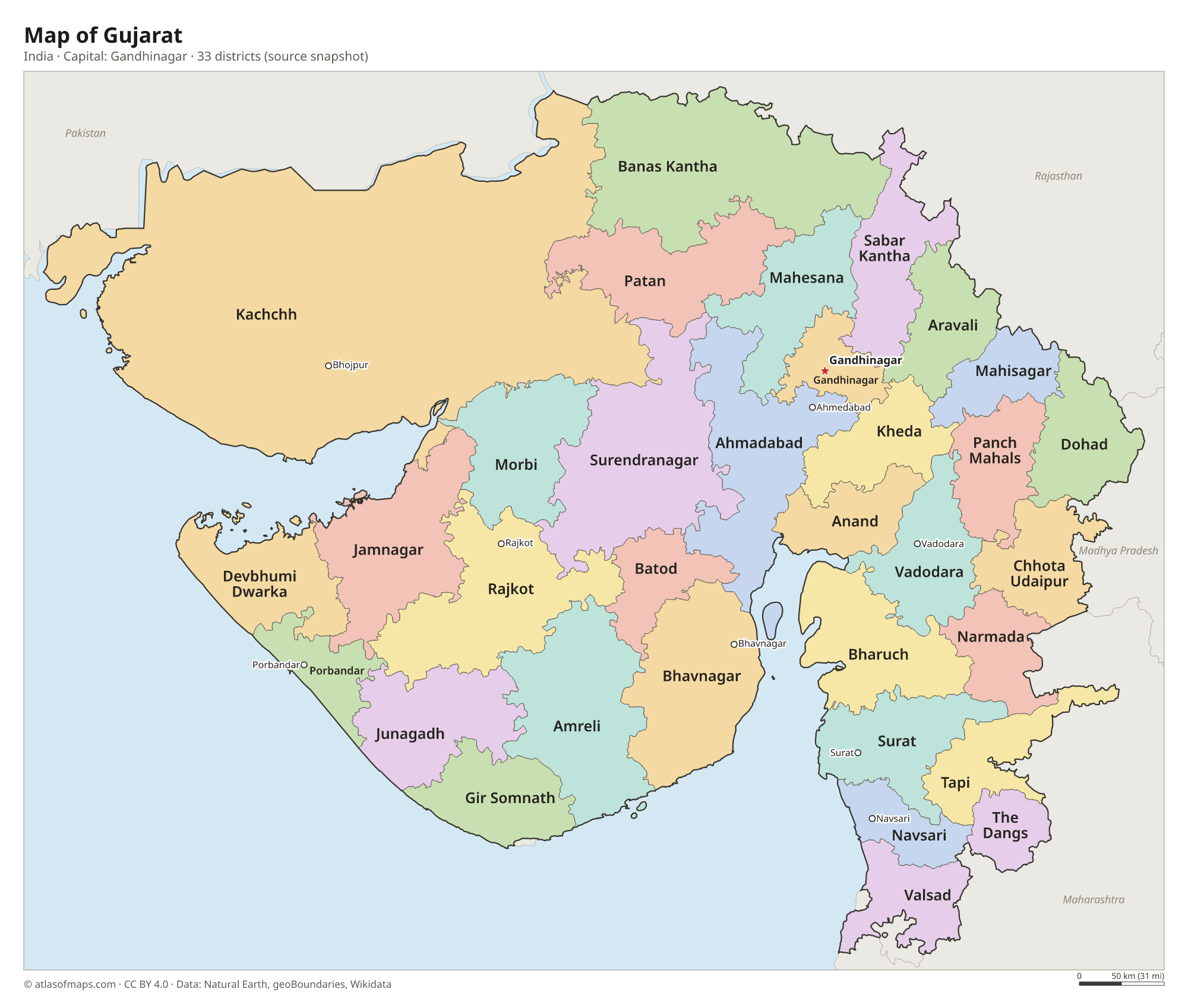 Map of Gujarat with the capital Gandhinagar, cities and districts