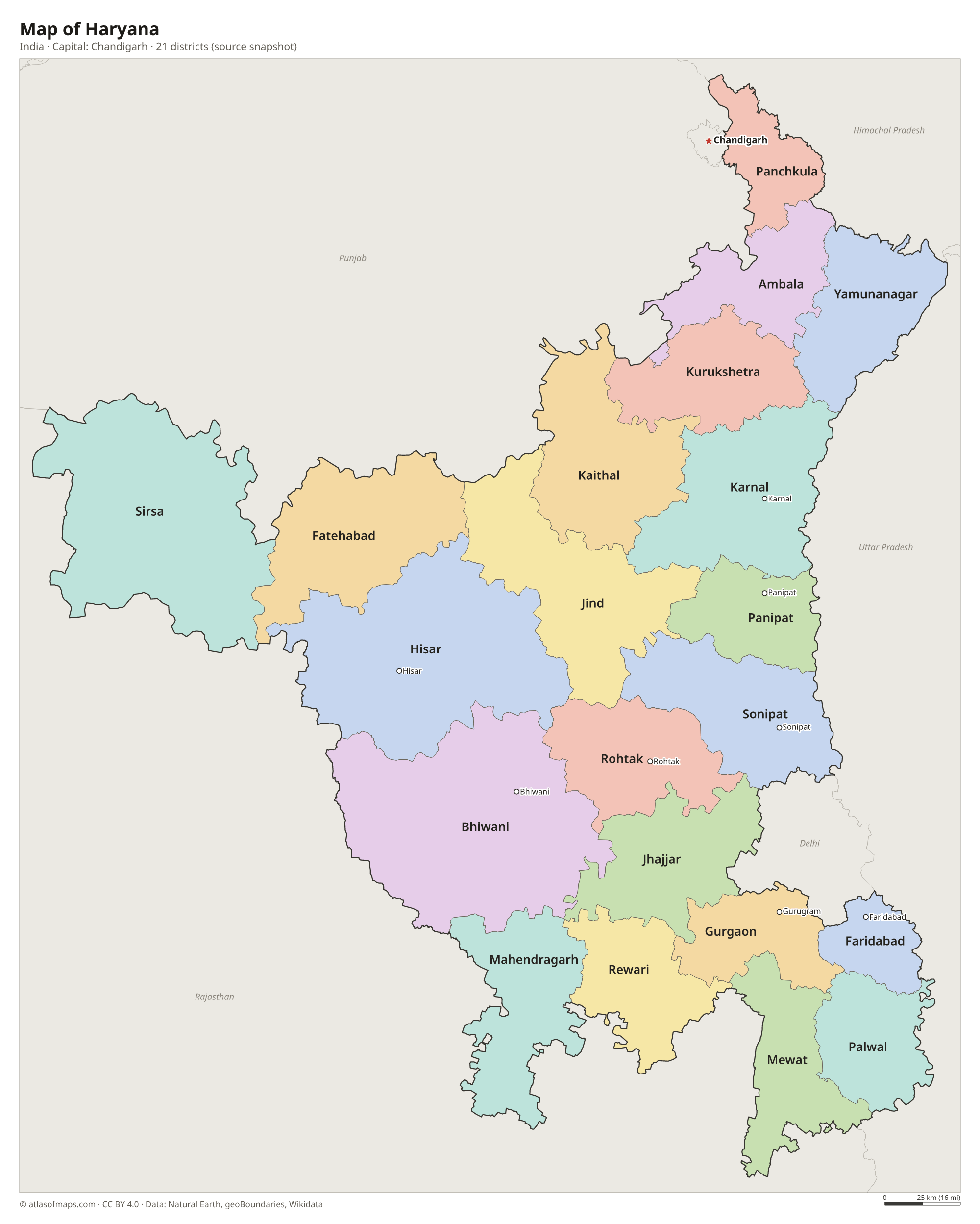 Map of Haryana with the capital Chandigarh, cities and districts