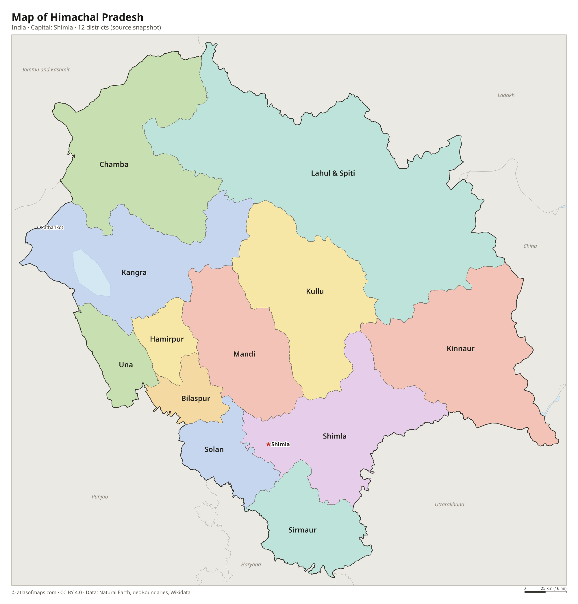 Map of Himachal Pradesh with the capital Shimla, cities and districts
