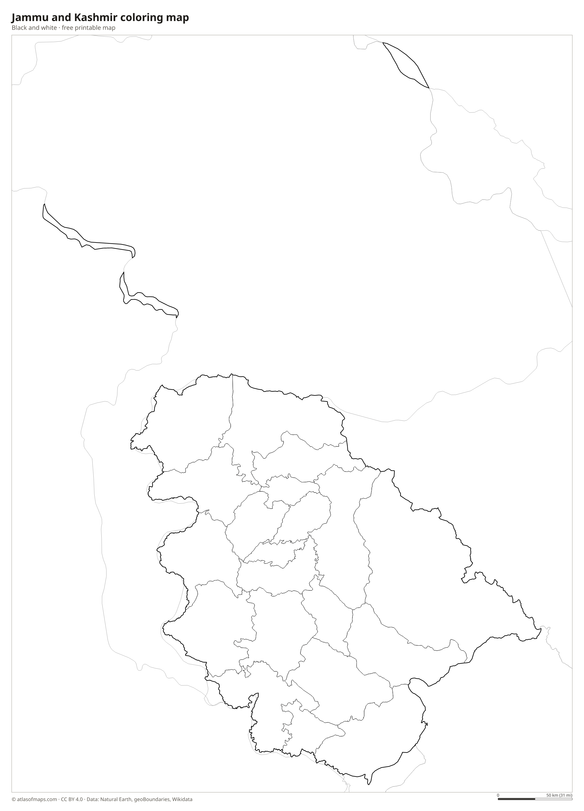 Black-and-white coloring map of Jammu and Kashmir