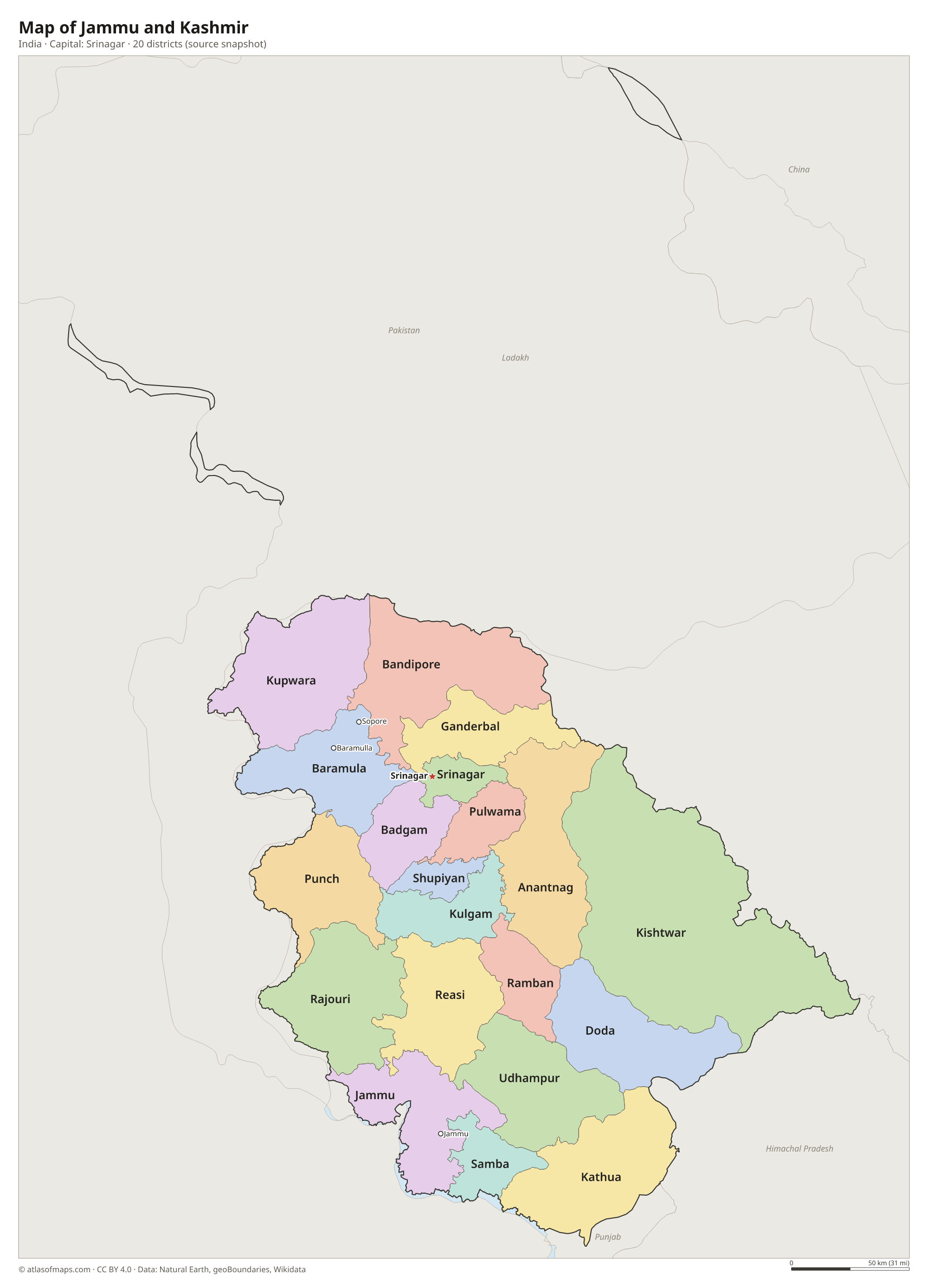 Map of Jammu and Kashmir with the capital Srinagar, cities and districts