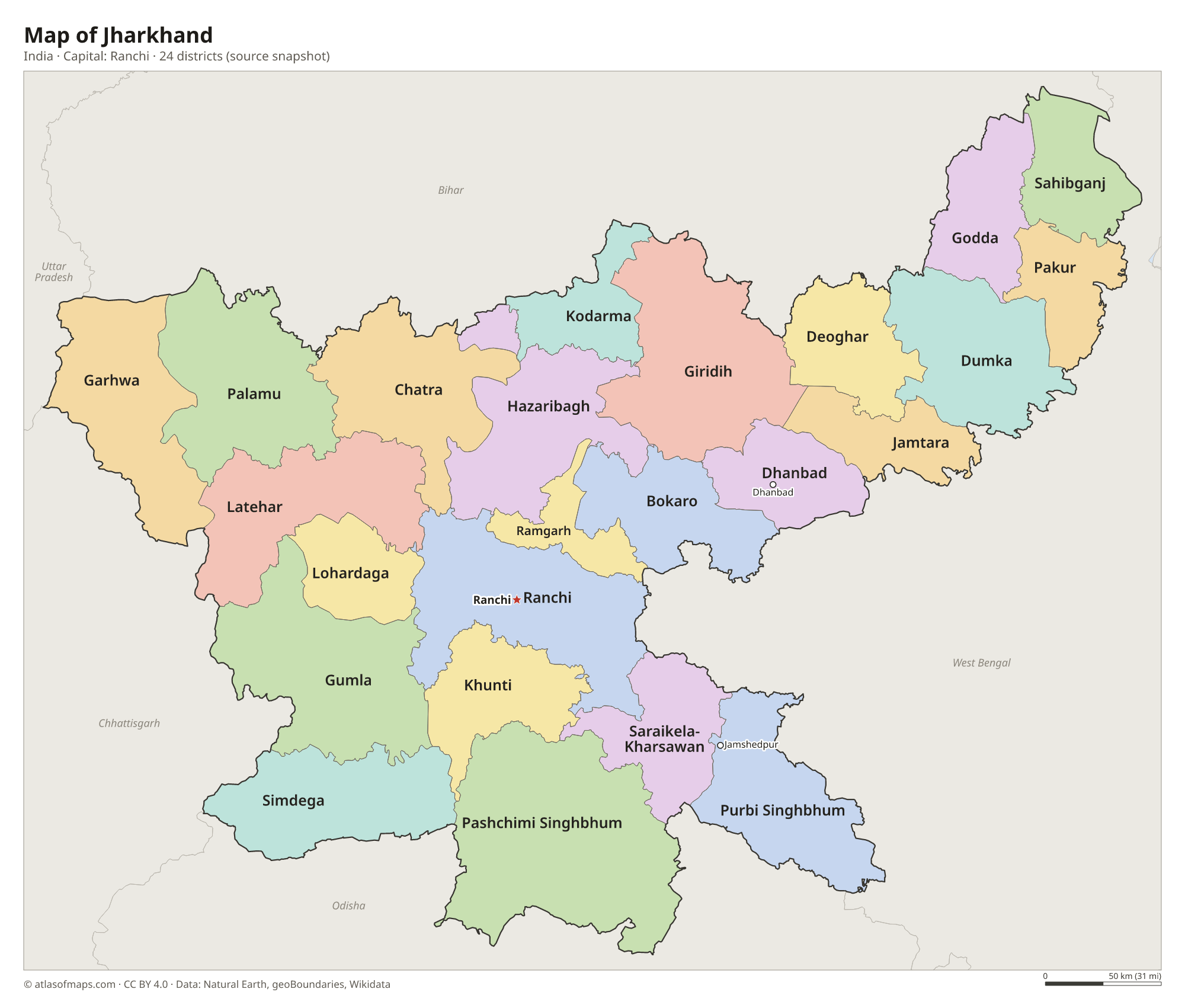 Map of Jharkhand with the capital Ranchi, cities and districts