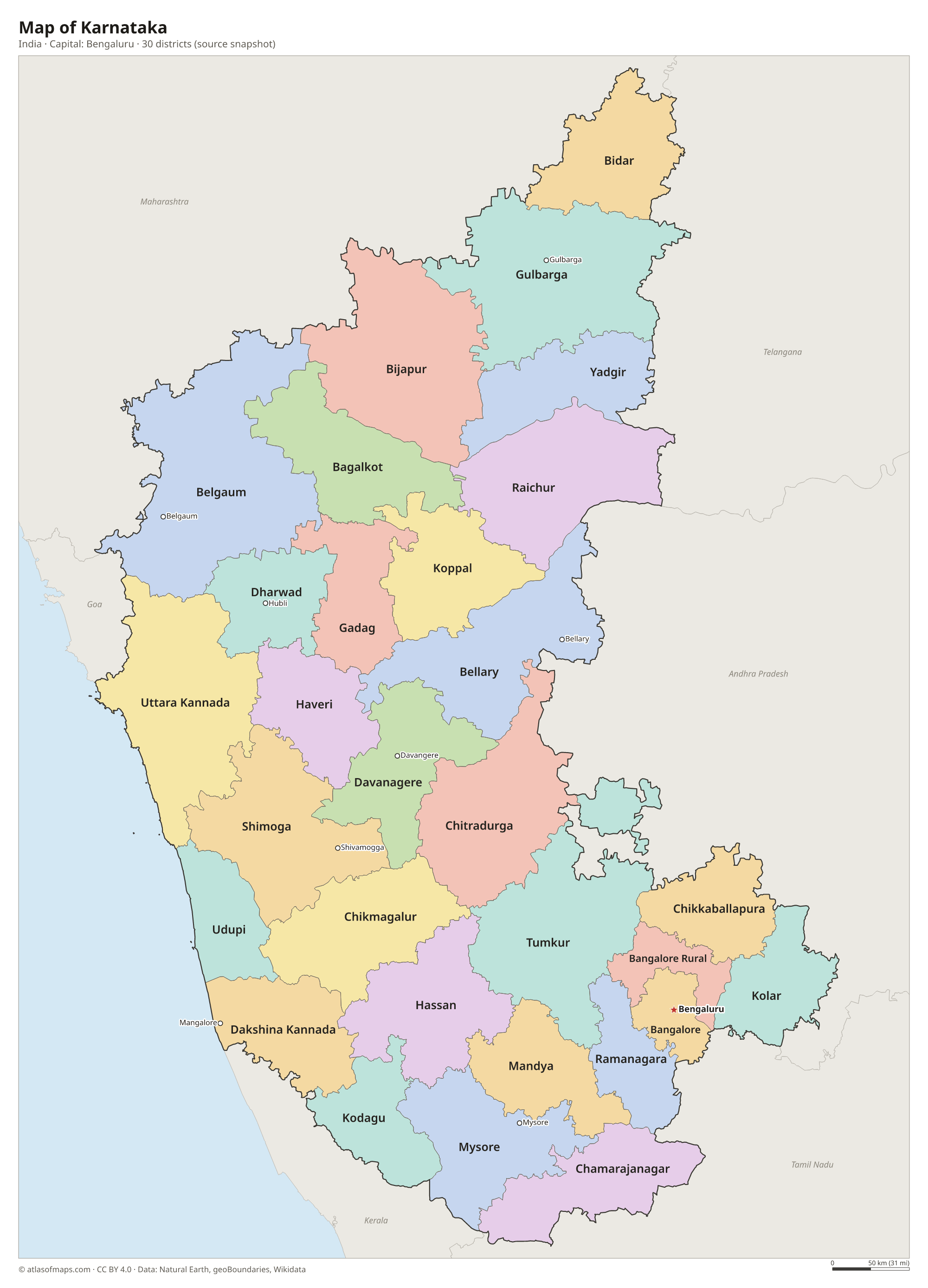 Map of Karnataka with the capital Bengaluru, cities and districts