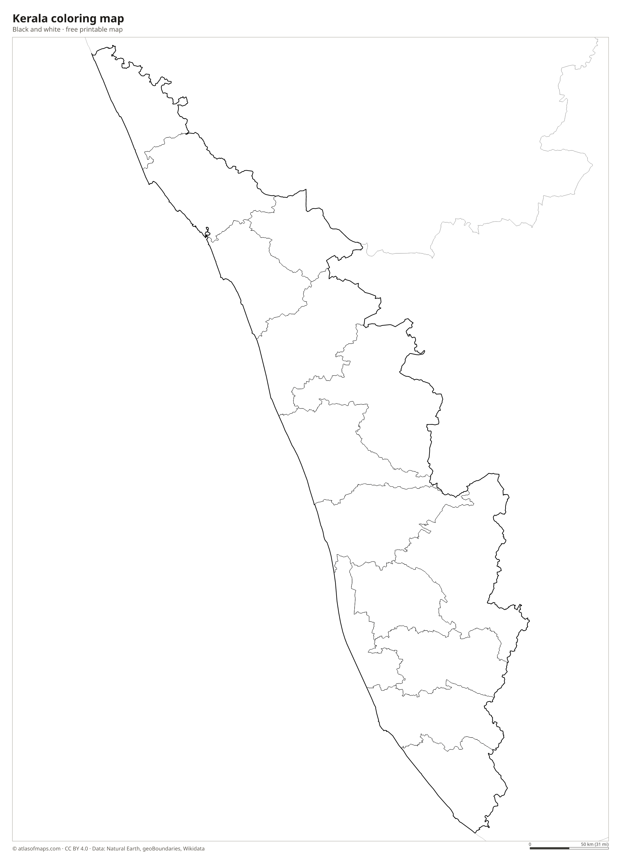 Black-and-white coloring map of Kerala