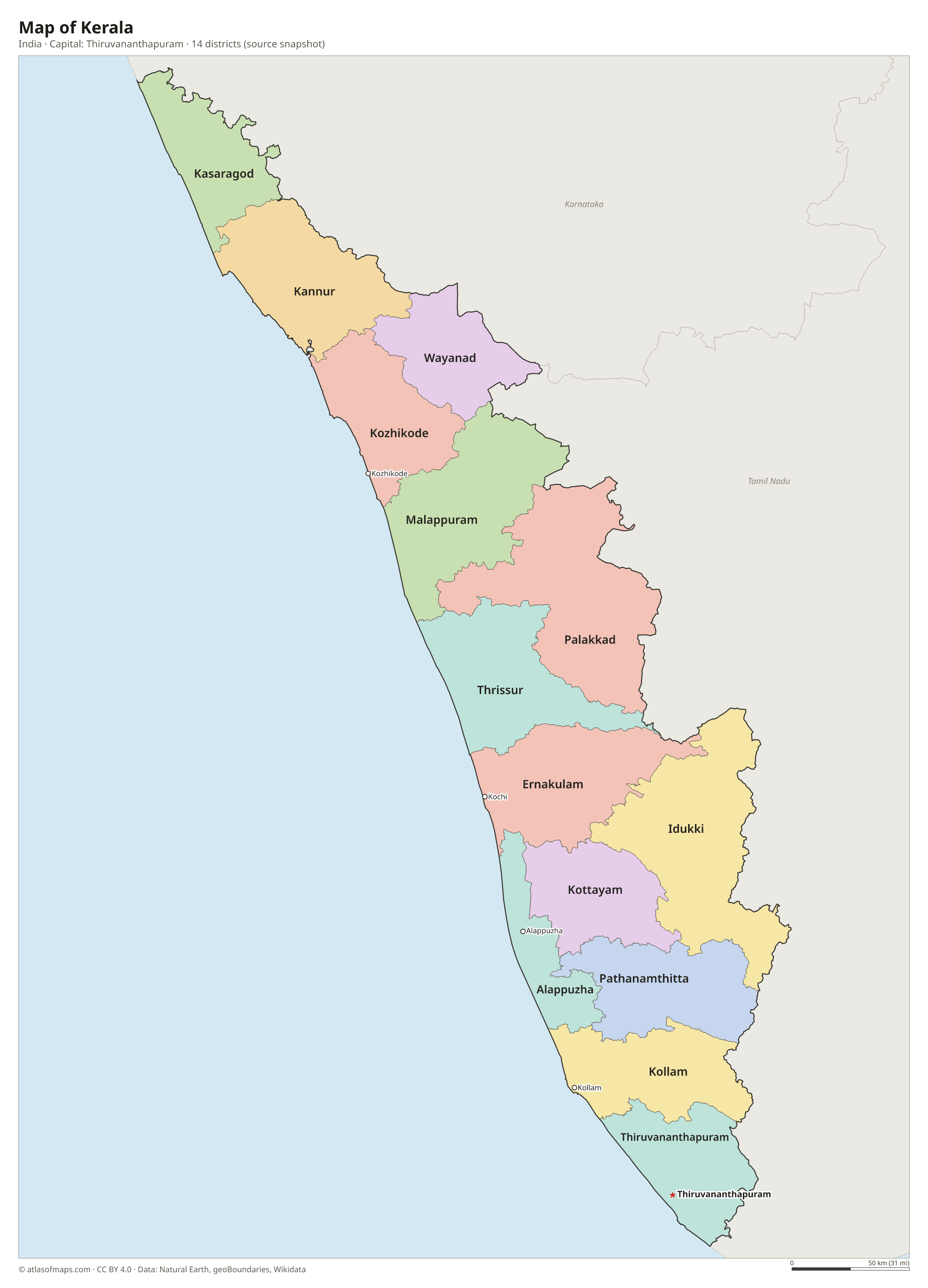 Map of Kerala with the capital Thiruvananthapuram, cities and districts