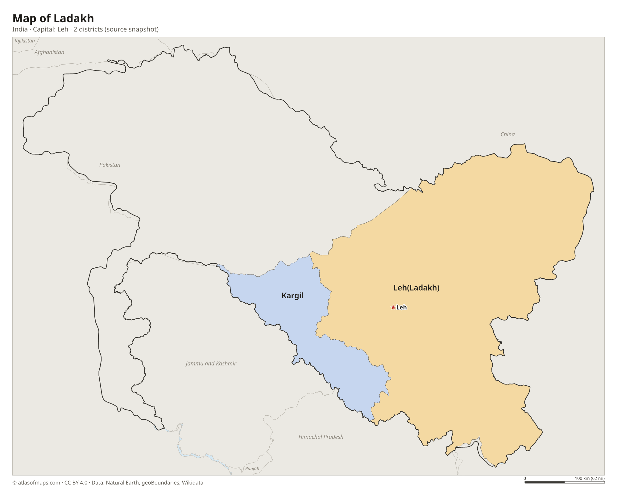 Map of Ladakh with the capital Leh, cities and districts