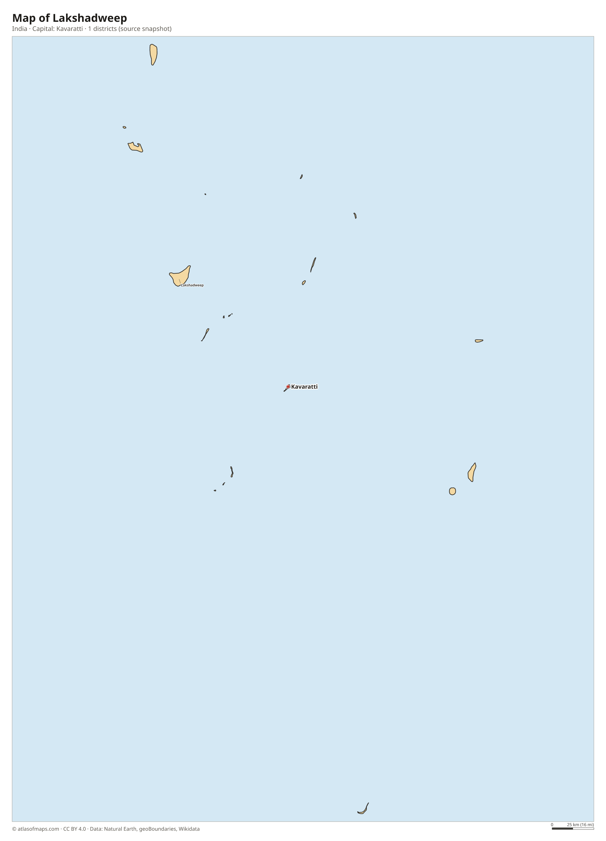 Map of Lakshadweep with the capital Kavaratti, cities and districts