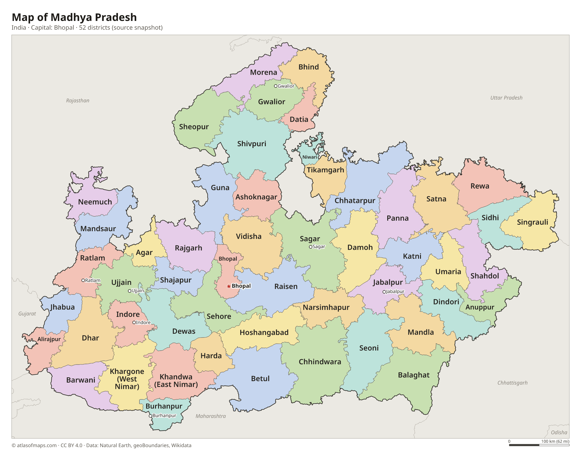 Map of Madhya Pradesh with the capital Bhopal, cities and districts