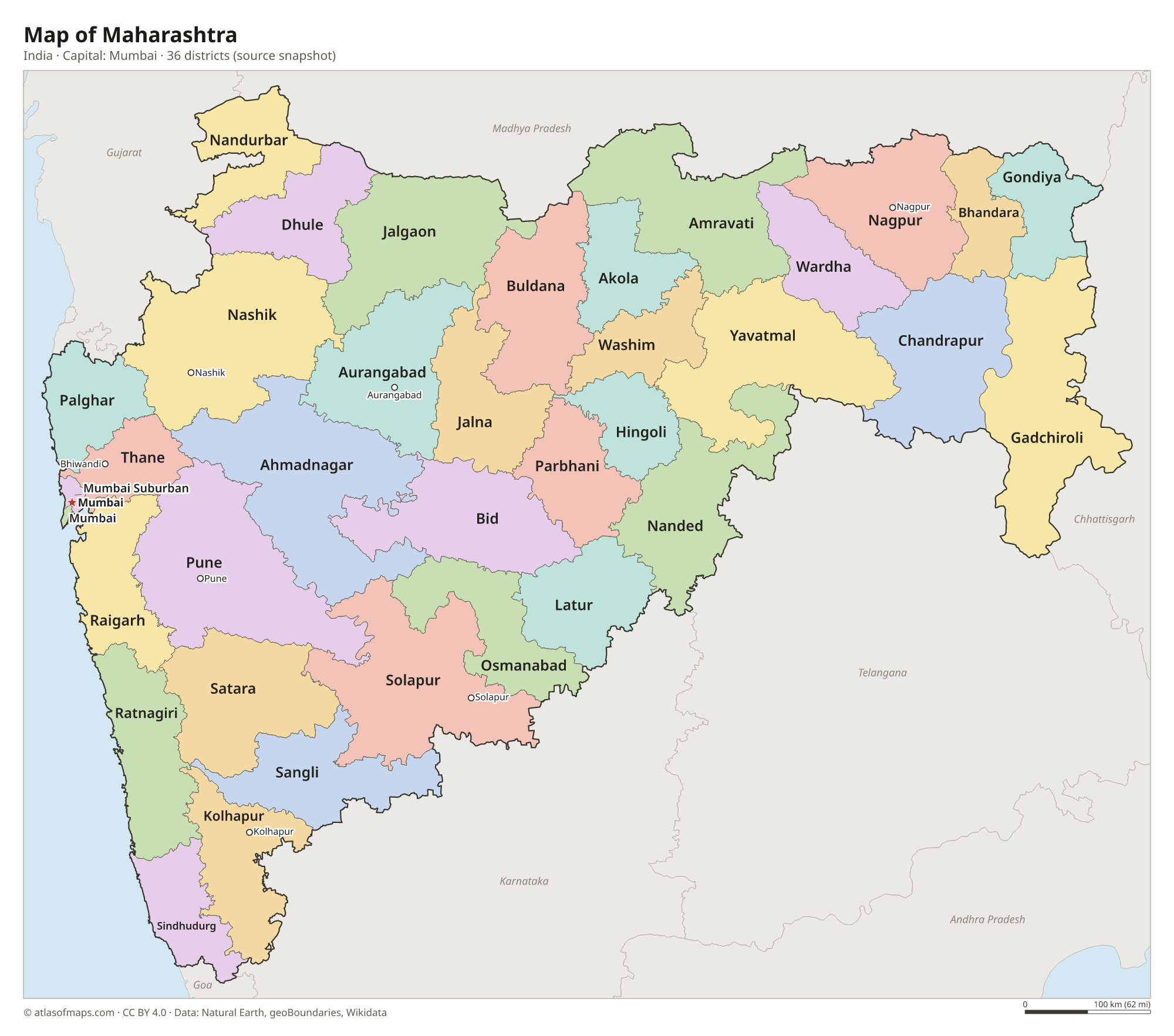 Map of Maharashtra with the capital Mumbai, cities and districts
