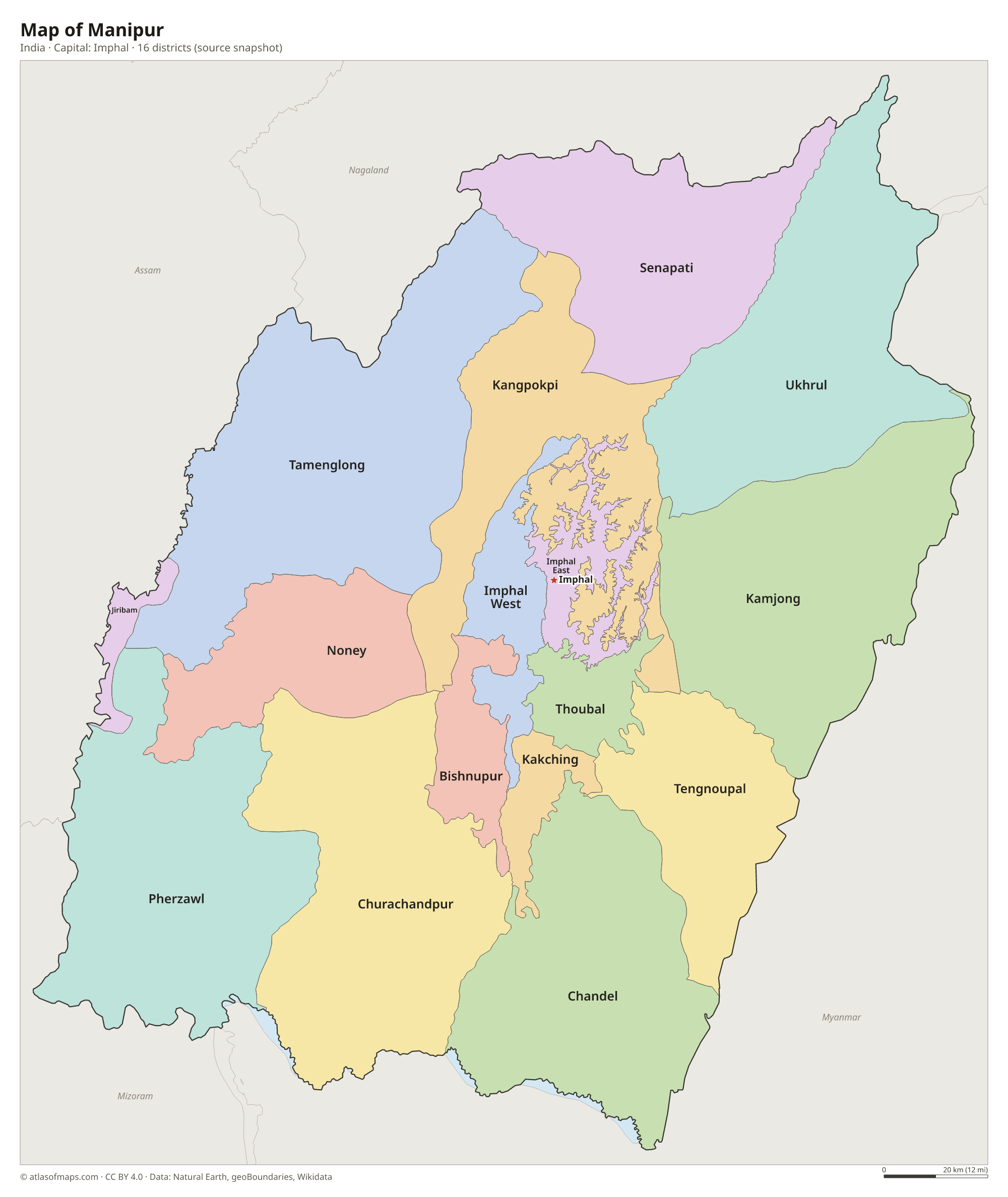 Map of Manipur with the capital Imphal, cities and districts