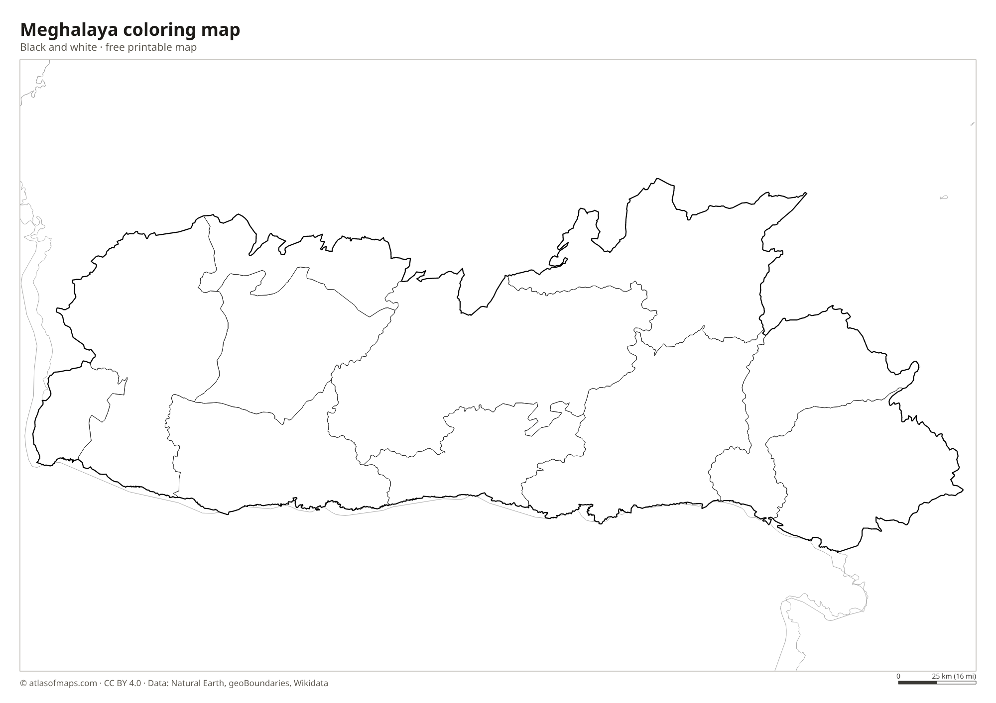 Black-and-white coloring map of Meghalaya