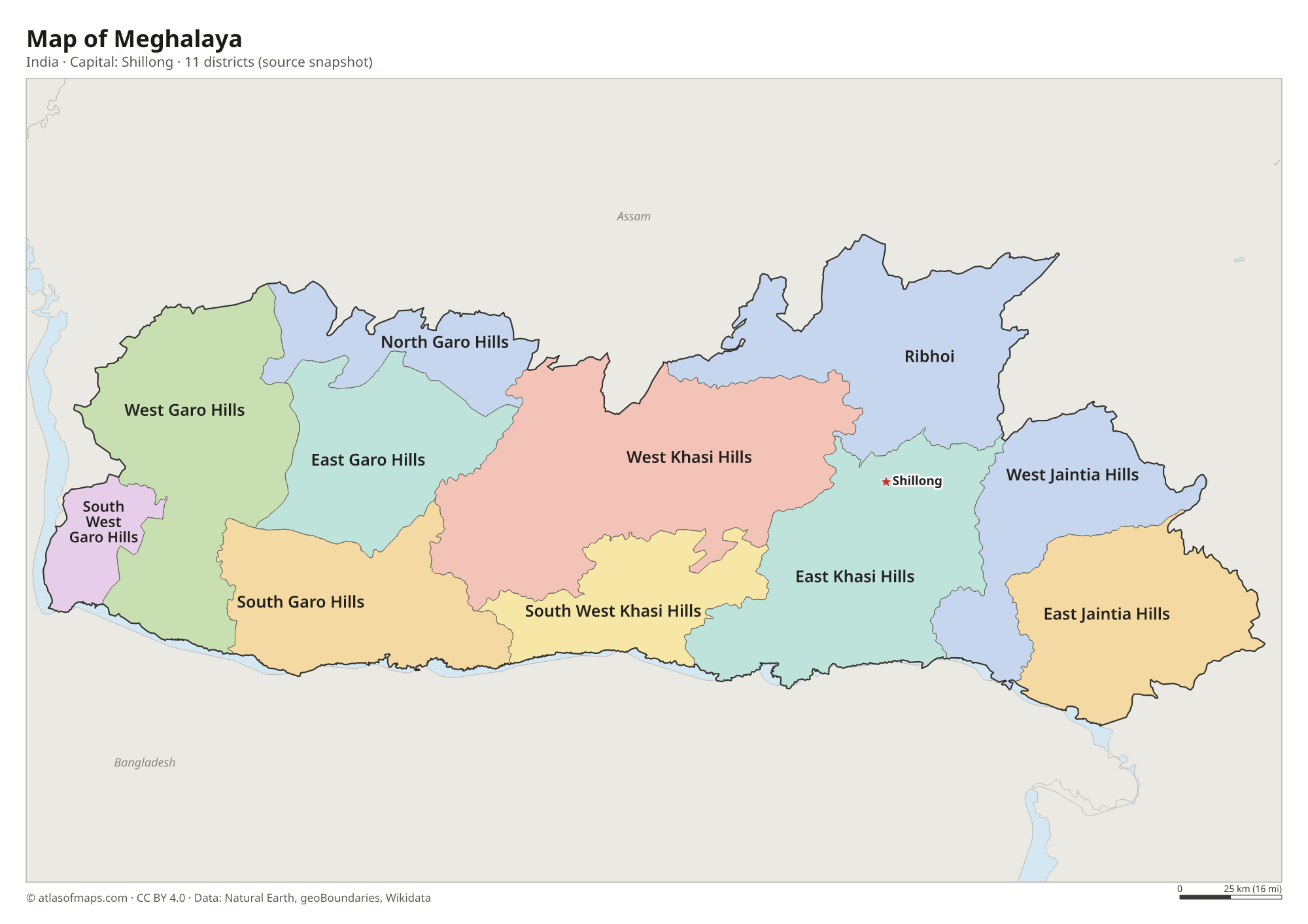 Map of Meghalaya with the capital Shillong, cities and districts