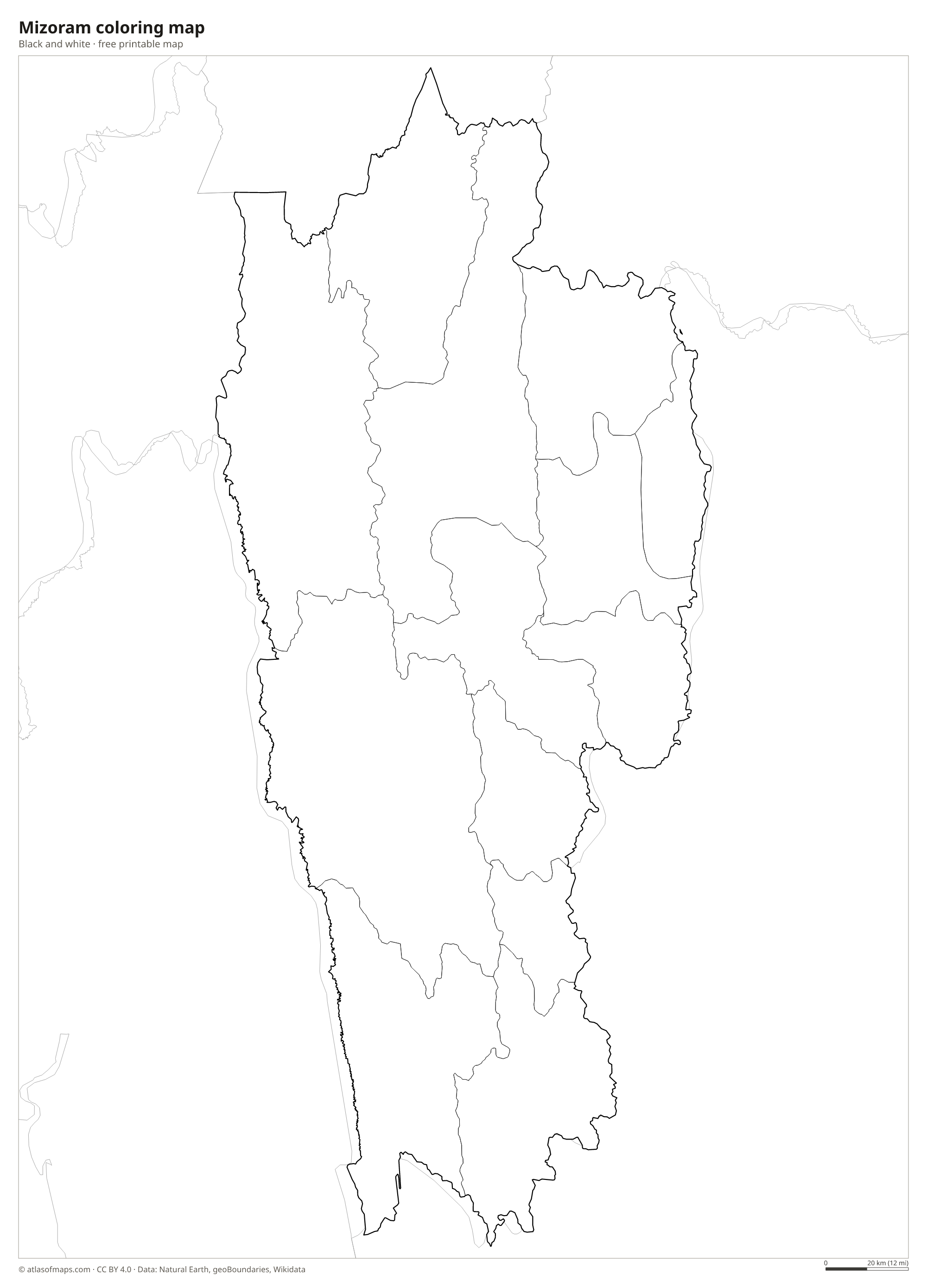 Black-and-white coloring map of Mizoram