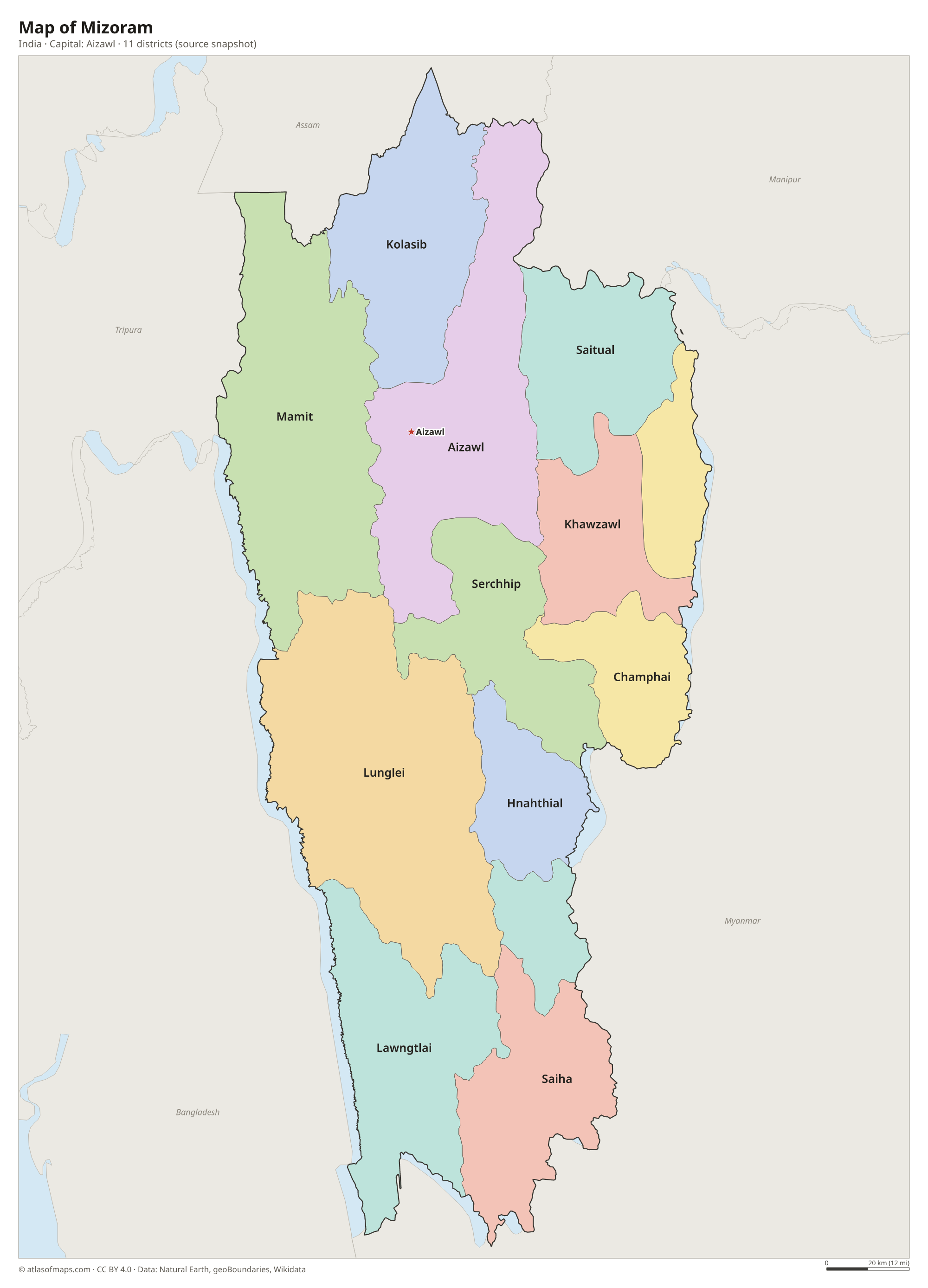 Map of Mizoram with the capital Aizawl, cities and districts