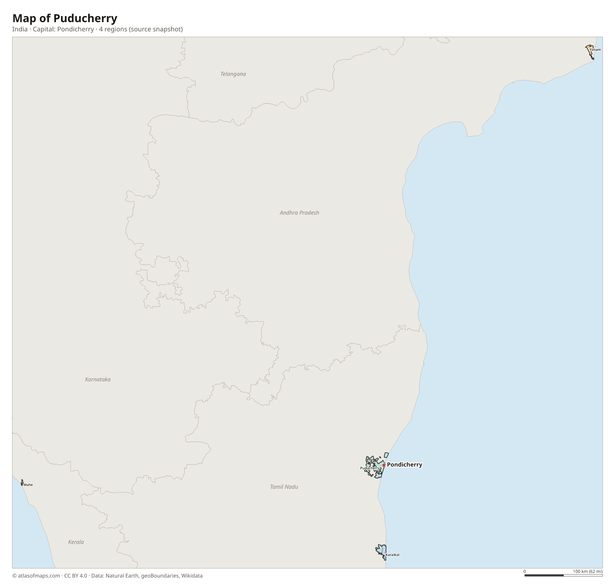 Map of Puducherry with the capital Pondicherry, cities and regions